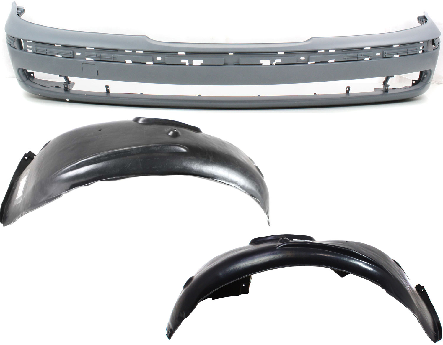 AM 528I 540I 97-00 FRONT BUMPER COVER 3 pc Kit with Fender Liners SKU KIT 110817-32 Partslink BM1000122 BM1250104 BM1251104 OEM 51118208313-51718159423-517181