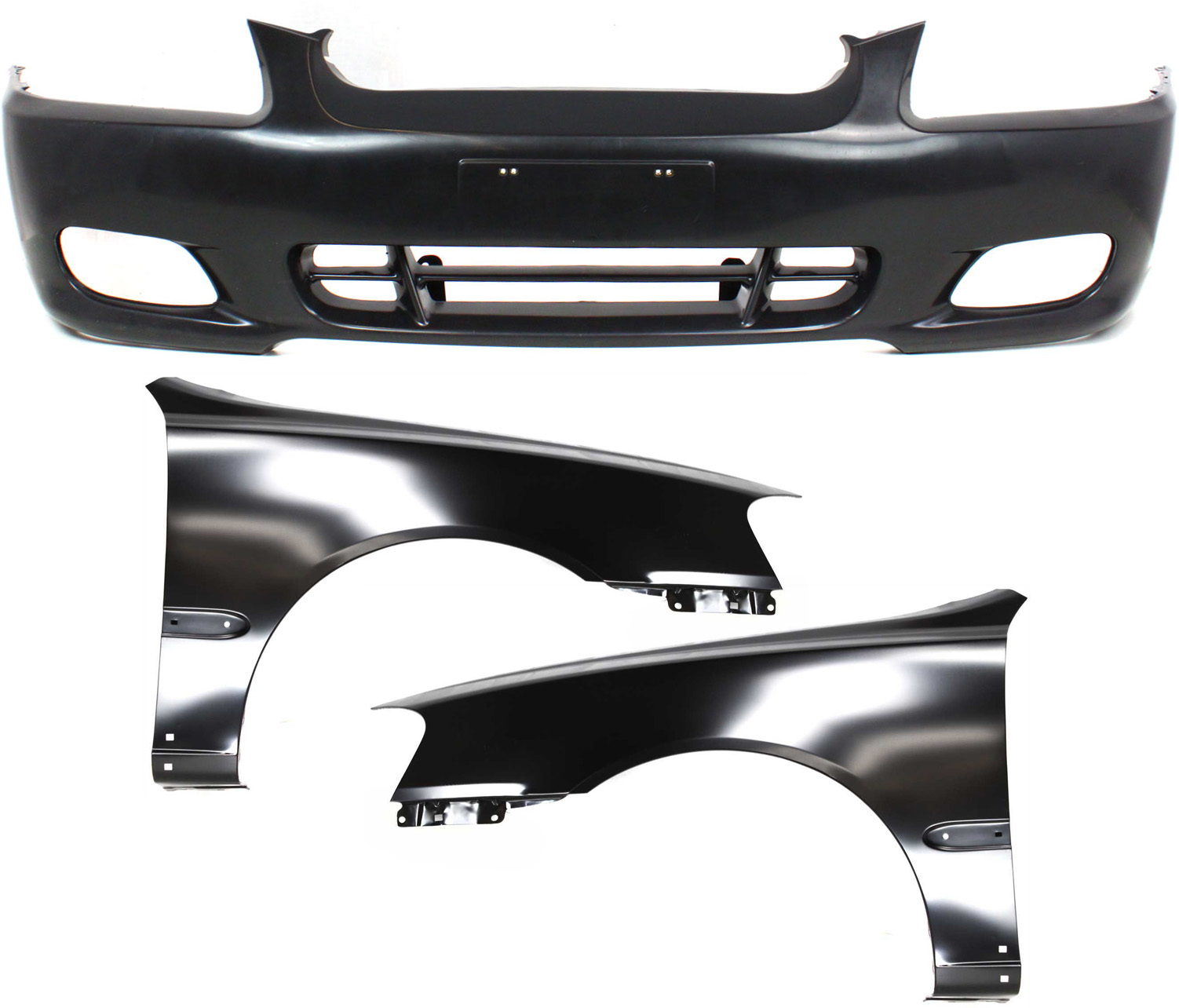 AM ACCENT 00-02 FRONT BUMPER COVER 3 pc Kit Primed w Fog Light Holes with Fender SKU KIT 110817-34 Partslink HY1000134 HY1241127 HY1240127 OEM 8651025010-6632125600-66311256