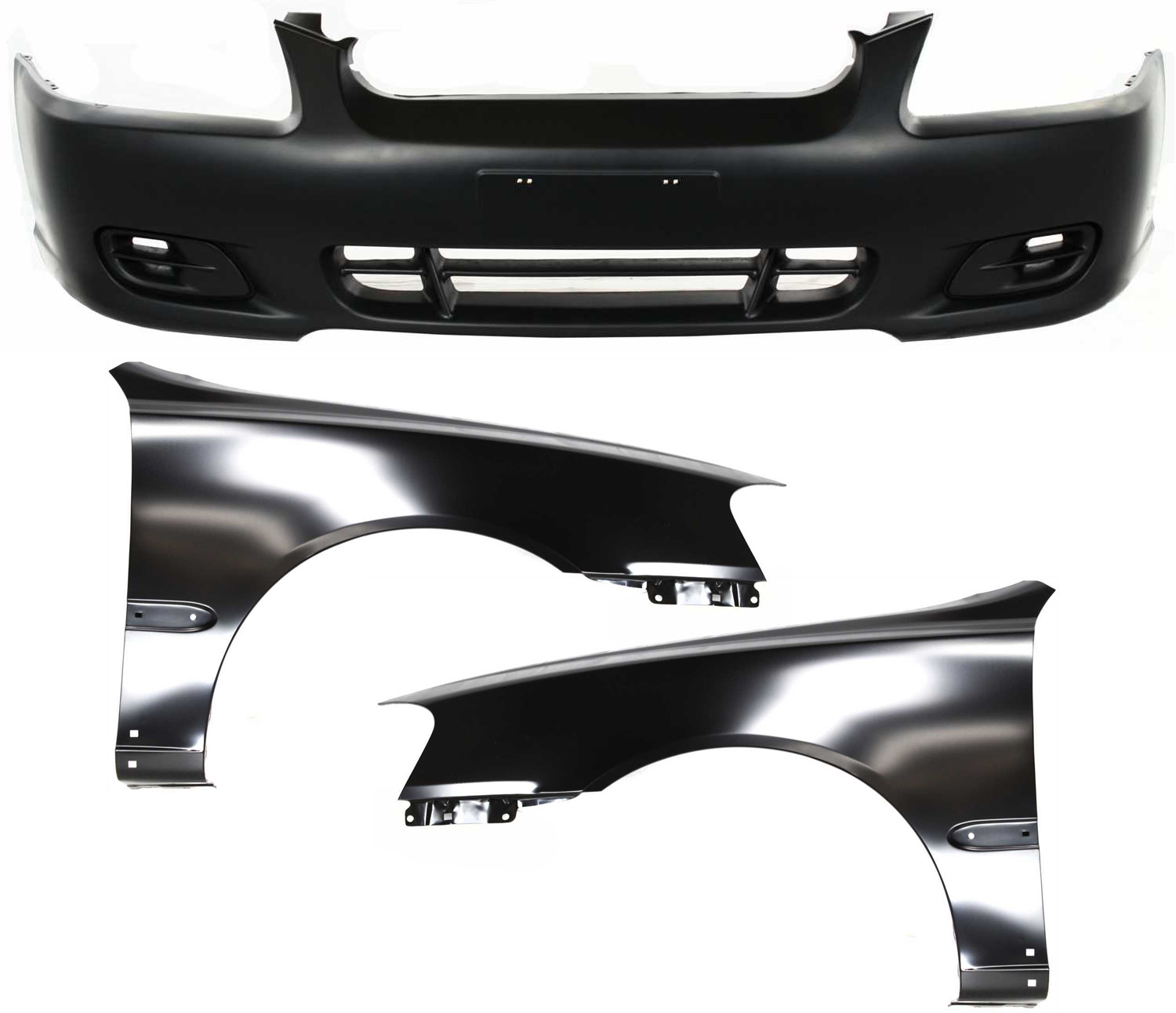 AM ACCENT 00-02 FRONT BUMPER COVER 3 pc Kit Primed w o Fog Light Holes with Fender SKU KIT 110817-35 Partslink HY1000133 HY1241127 HY1240127 OEM 8651025000-6632125600-66311256