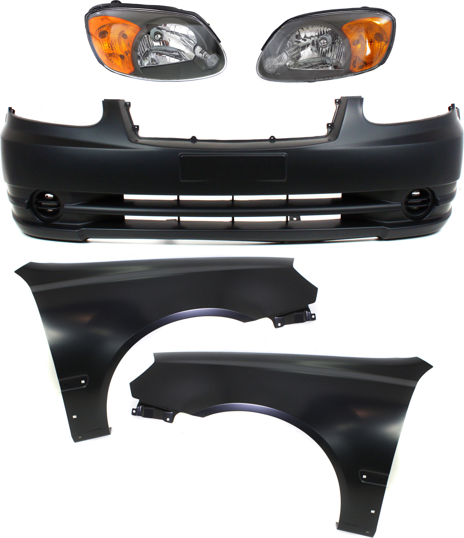 AM ACCENT 03-06 FRONT BUMPER COVER 5 pc Kit Primed with Fenders and Headlights SKU KIT 110817-39 Partslink HY1000145 HY1241131 HY1240131 HY2502128 HY2503128 OEM 8651125650-6632125660-66311256