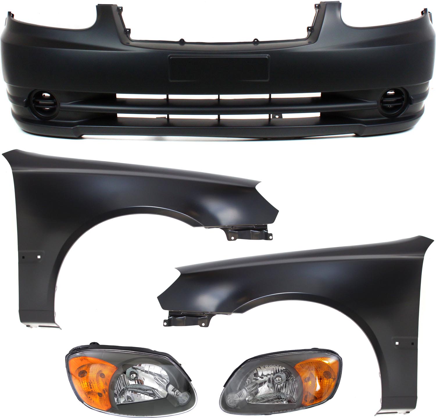 AM ACCENT 03-06 HEAD LAMP RH AND LH Assembly Halogen 5 pc Kit with Bumper Cover and Fenders SKU KIT 110817-44 Partslink HY2503128 HY2502128 HY1000145 HY1240132 HY1241132 OEM 9210225550-9210125550-86511256