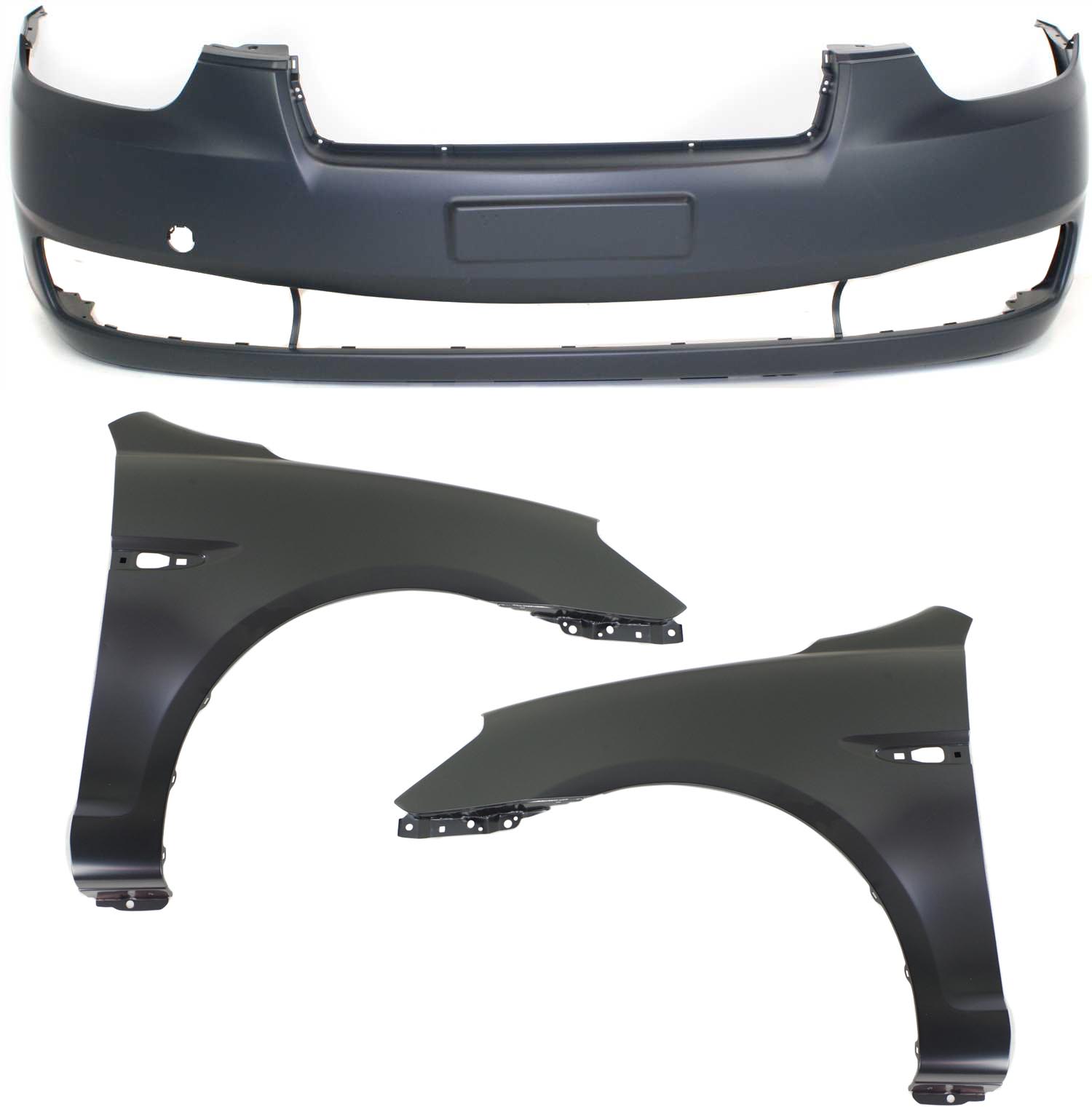 AM ACCENT 06-11 FRONT BUMPER COVER 3 pc Kit with Fenders SKU KIT 110817-46 Partslink HY1000163 HY1240137 HY1241137 OEM 865111E010-663111E300-663211E3