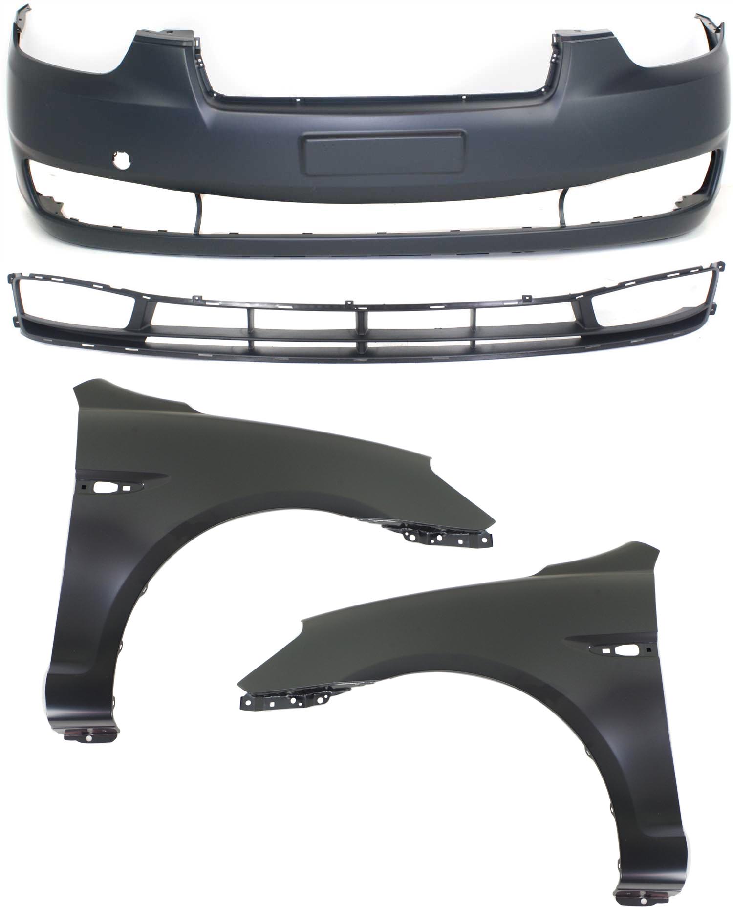 AM ACCENT 06-11 FRONT BUMPER COVER 4 pc Kit with Bumper Grille and Fenders SKU KIT 110817-47 Partslink HY1000163 HY1036106 HY1240137 HY1241137 OEM 865111E010-865221E010-663111E3