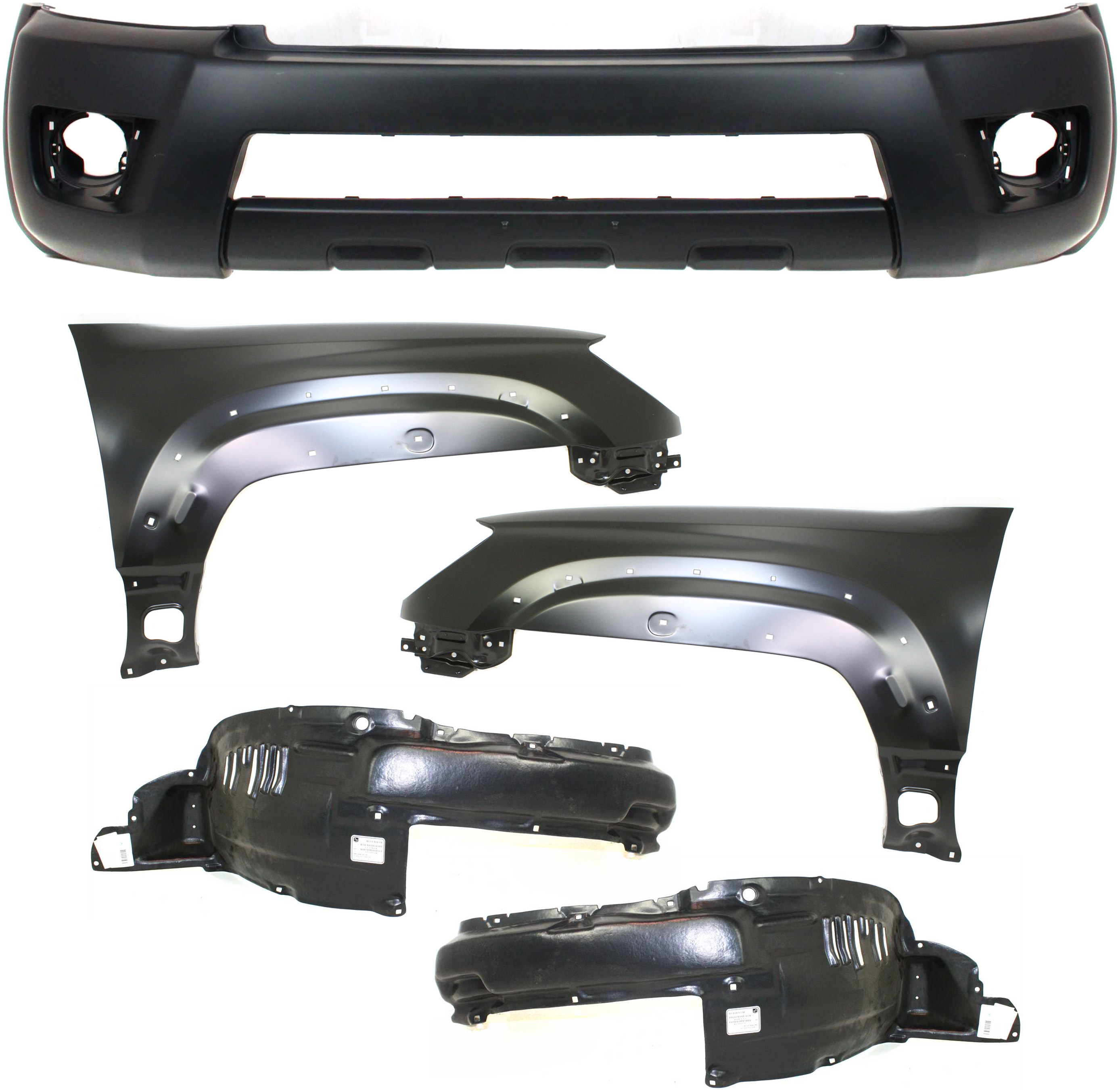 AM 4RUNNER 06-09 FRONT BUMPER COVER 5 pc Kit Primed With Fog Light Holes Limited Sport SR5 Models with Fender Liners and Fenders SKU KIT 110817-53 Partslink TO1000326 TO1240216 TO1241216 TO1250124 TO1251124 OEM 5211935903-5380235670-53801355