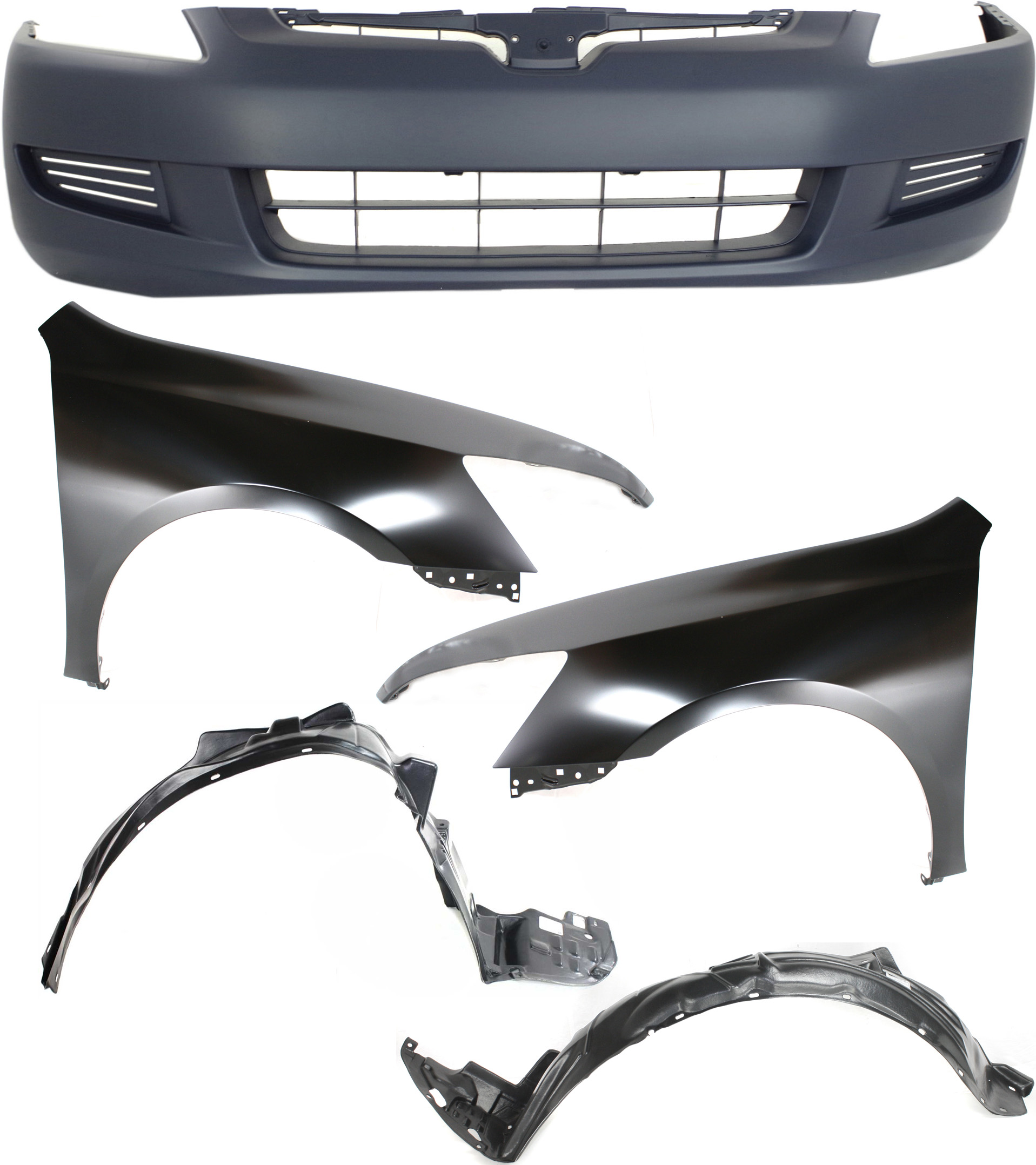 AM ACCORD 03-05 FRONT FENDER RH AND LH Primed 5 pc kit with Bumper Cover and Fender Liners SKU KIT 110817-66 Partslink HO1240160 HO1241160 HO1000211 HO1249117 HO1248117 OEM 04620SDNA90ZZ 04630SDNA90ZZ 04