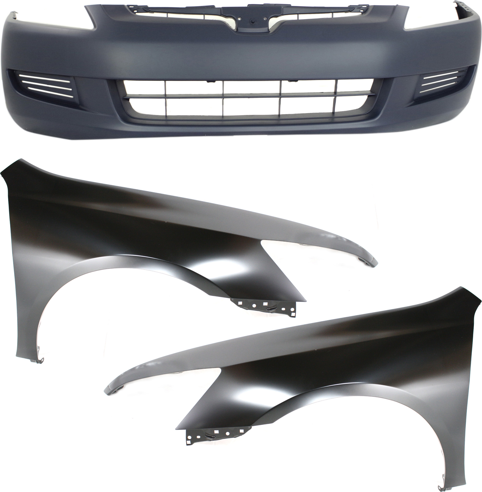 AM ACCORD 03-05 FRONT FENDER RH AND LH Primed 3 pc kit with Bumper Cover 4 Cyl 6 Cyl Coupe SKU KIT 110817-67 Partslink HO1240160 HO1241160 HO1000211 OEM 04620SDNA90ZZ 04630SDNA90ZZ 04