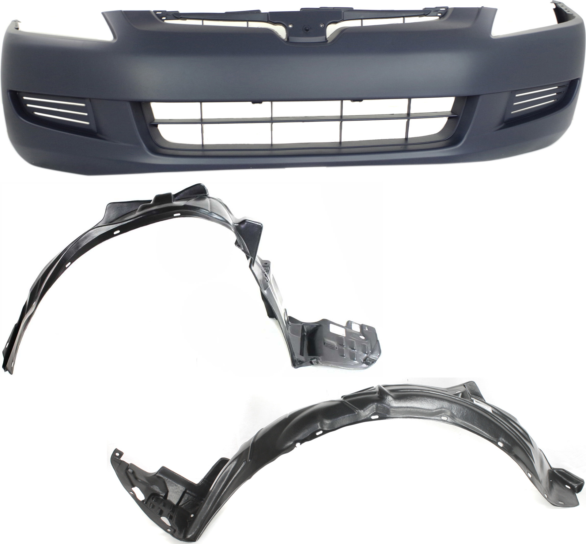 AM ACCORD 03-05 FRONT BUMPER COVER 3 pc Kit with Fender Liner 4 Cyl 6 Cyl Coupe SKU KIT 110817-68 Partslink HO1000211 HO1248117 HO1249117 OEM 04711SDNA90ZZ 74151SDNA00-7410