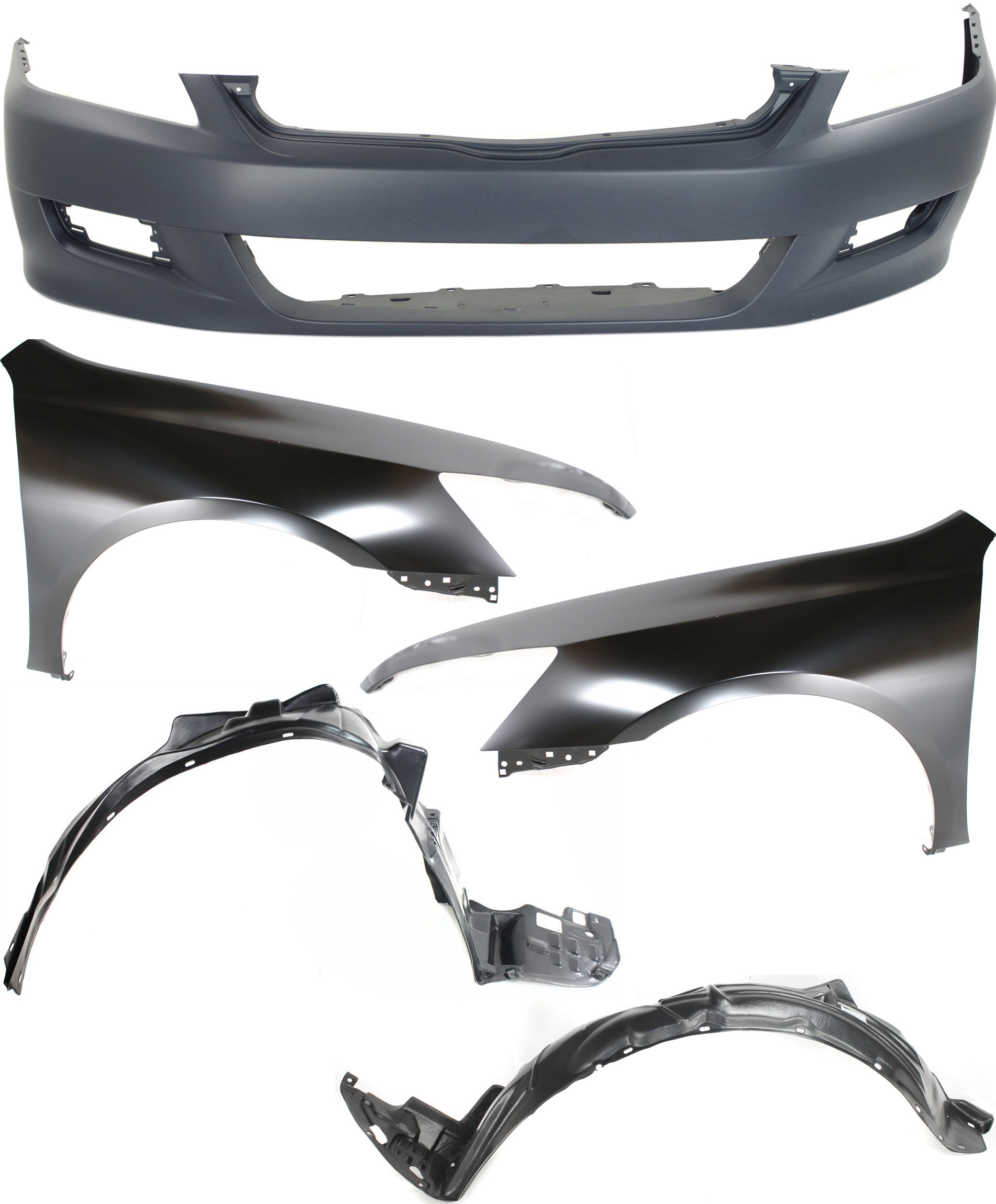 AM ACCORD 06-07 FRONT BUMPER COVER 5 pc Kit Primed with Fender and Fender Liner SKU KIT 110817-72 Partslink HO1000234 HO1240160 HO1241160 HO1248117 HO1249117 OEM 04711SDNA81ZZ 04630SDNA90ZZ 04