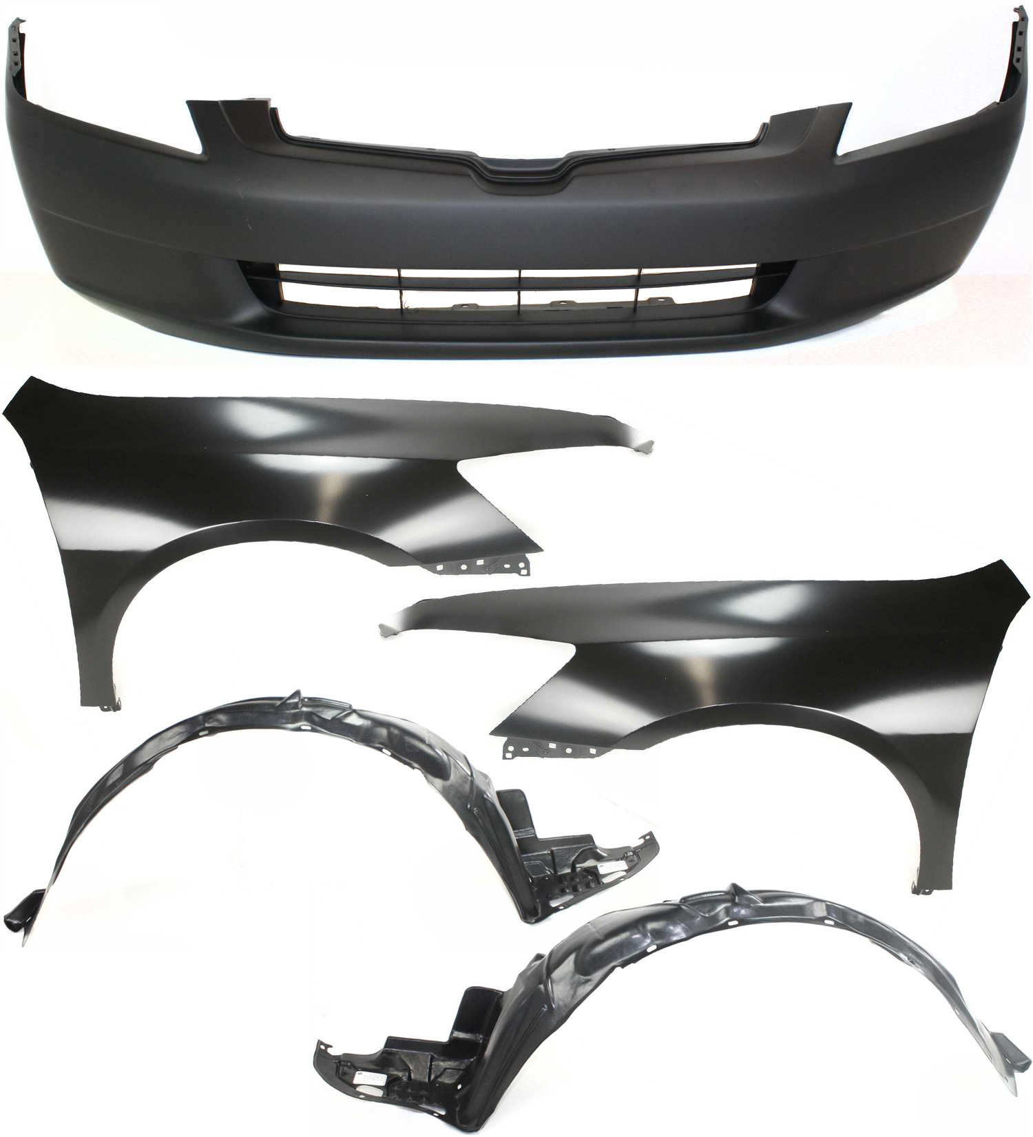 AM ACCORD 03-05 FRONT FENDER RH AND LH 5 pc Kit Includes Bumper Cover and Fender Liner SKU KIT 110817-75 Partslink HO1241157 HO1240157 HO1000210 HO1248114 HO1249114 OEM 04620SDAA90ZZ 04630SDAA90ZZ 04