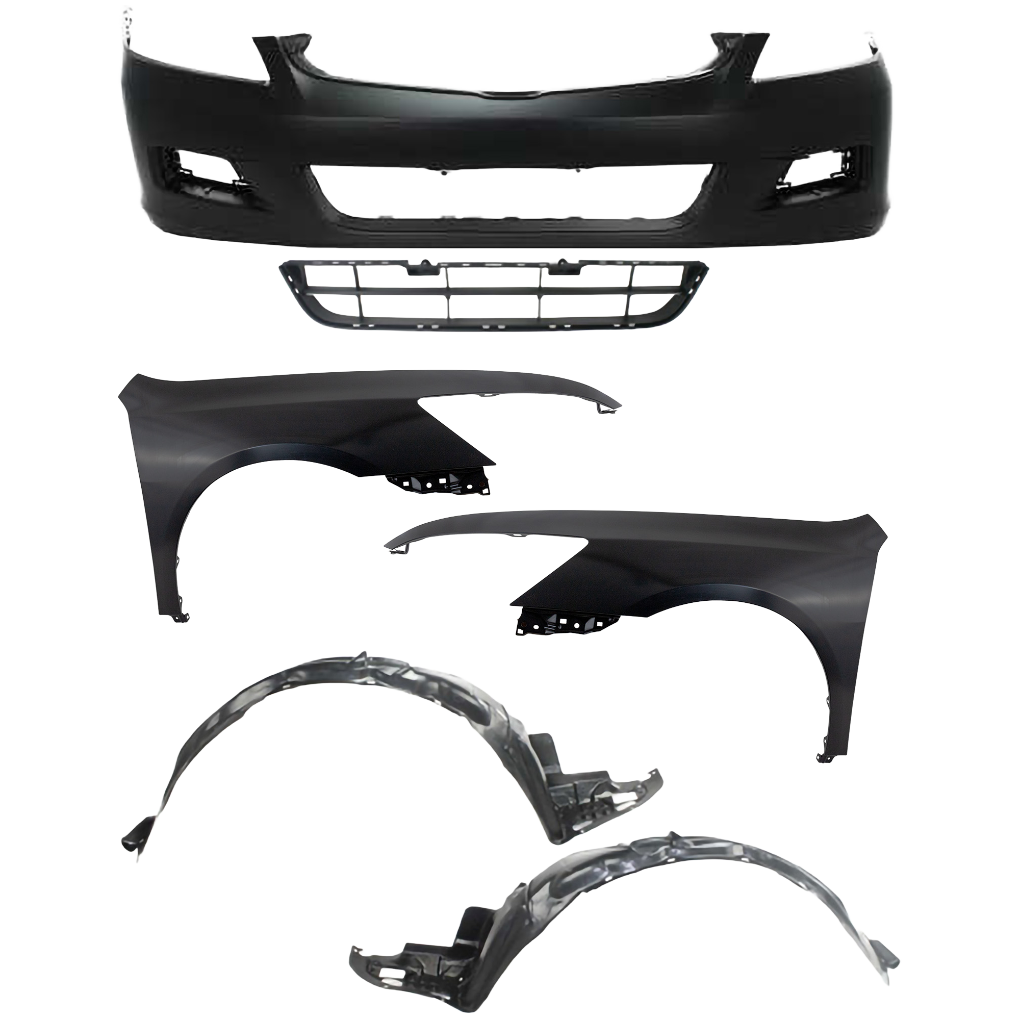 AM ACCORD 06-07 FRONT BUMPER COVER 6 pc Kit with Bumper Grille Fender Liners and Fenders SKU KIT 110817-78 Partslink HO1000235 HO1036101 HO1240157 HO1241157 HO1248114 HO1249114 OEM 04711SDLA90ZZ 71102SDAA00-0463