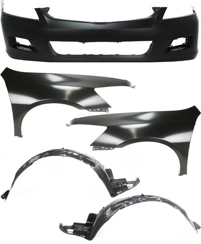 AM ACCORD 06-07 FRONT BUMPER COVER 5 pc Kit with Fender Liners and Fenders SKU KIT 110817-79 Partslink HO1000235 HO1240157 HO1241157 HO1248114 HO1249114 OEM 04711SDLA90ZZ 04630SDAA90ZZ 04