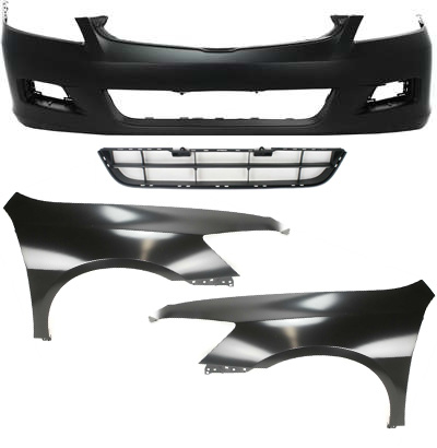 AM ACCORD 06-07 FRONT BUMPER COVER 4 pc Kit with Bumper Grille and Fenders SKU KIT 110817-82 Partslink HO1000235 HO1036101 HO1240157 HO1241157 OEM 04711SDLA90ZZ 71102SDAA00-0463