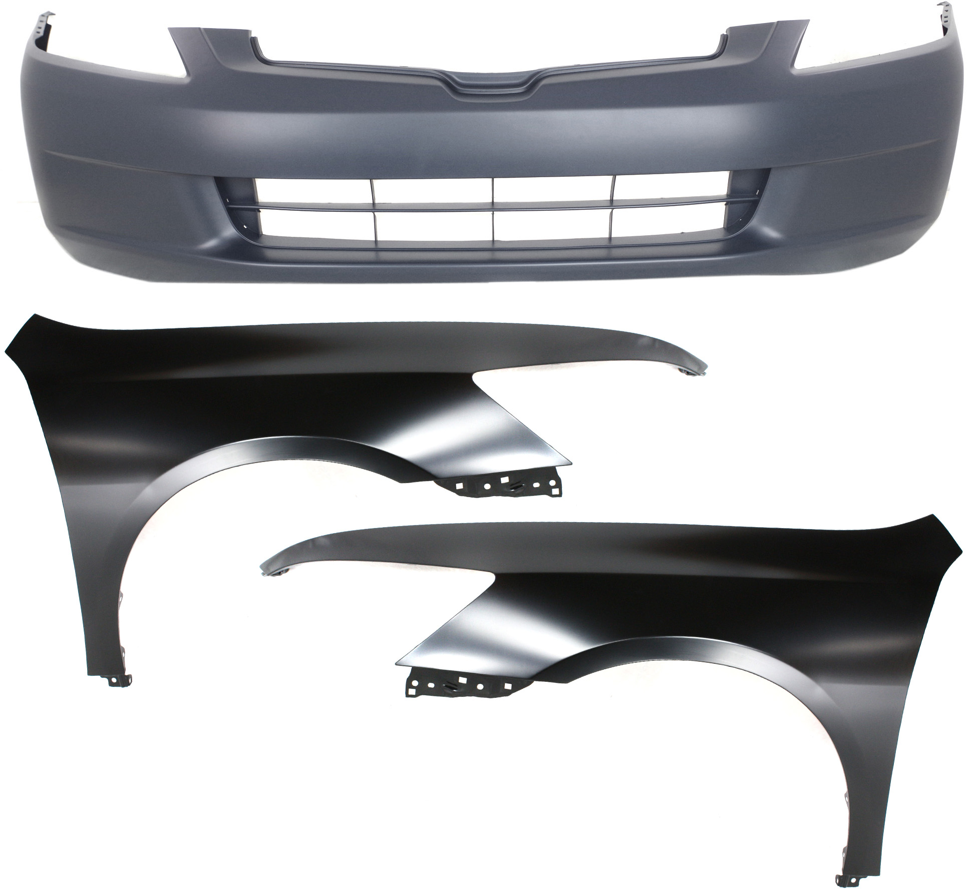AM ACCORD 03-05 FRONT BUMPER COVER 3 pc Kit Sedan with Fenders CAPA SKU KIT 110817-84 Partslink HO1000210C HO1240157C HO1241157C OEM 04620SDAA90ZZ 04630SDAA90ZZ 04