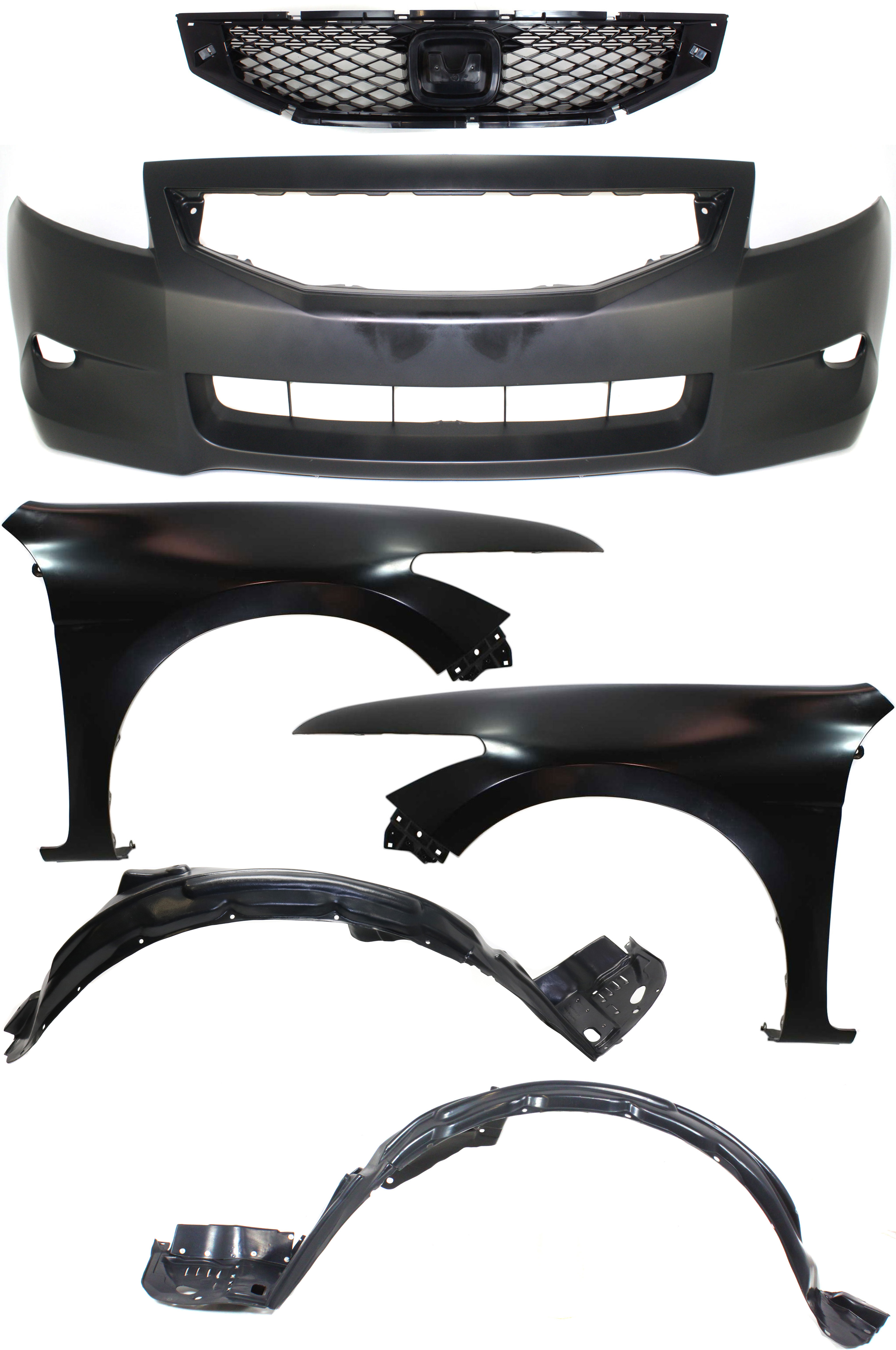 AM ACCORD 08-10 FRONT BUMPER COVER 6 pc Kit with Grille Insert Fender Liners and Fenders SKU KIT 110817-87 Partslink HO1000256 HO1240174 HO1241174 HO1248131 HO1249131 HO1200192 OEM 04711TE0A90ZZ 60260TE0A90ZZ 60