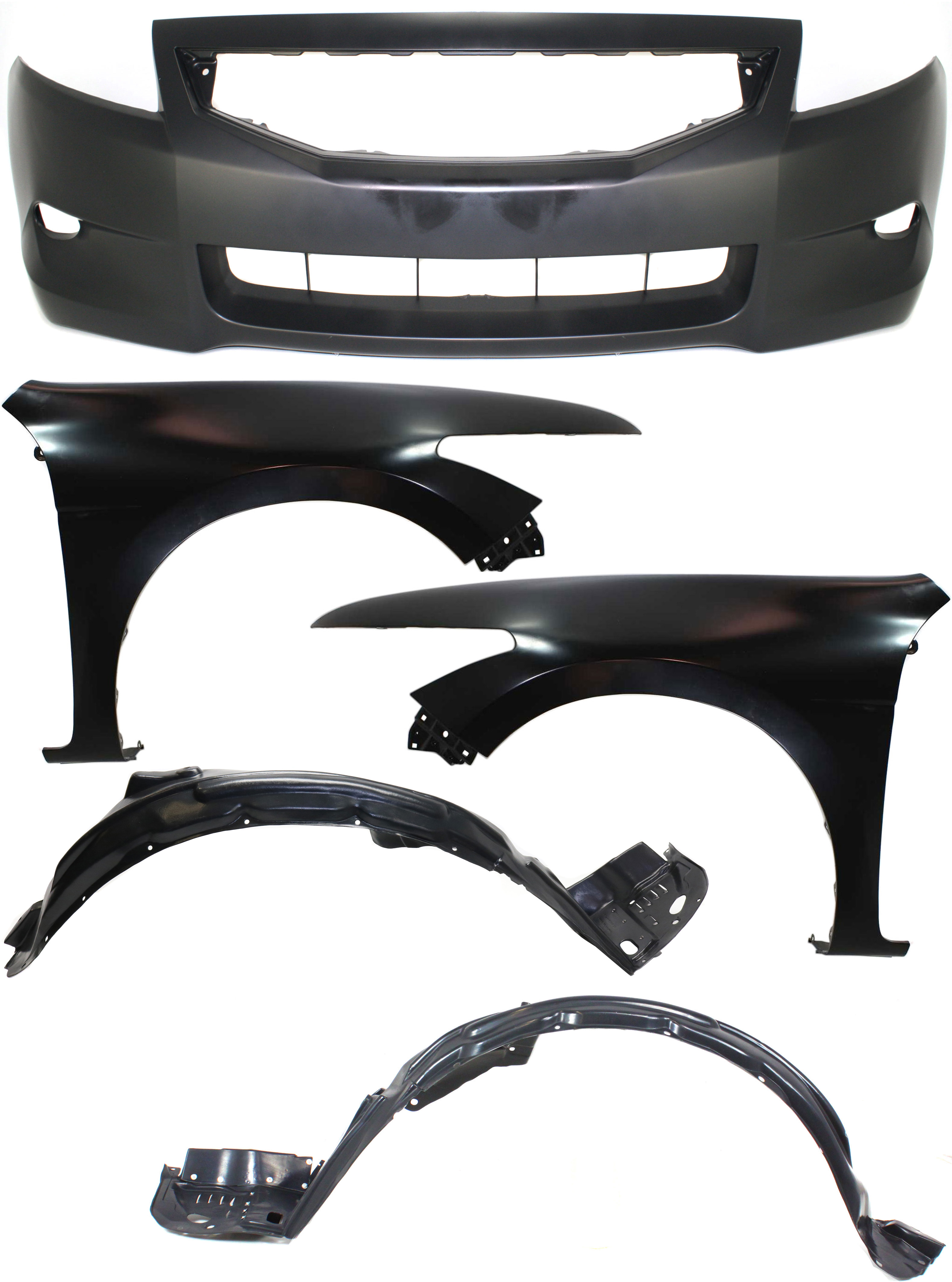 AM ACCORD 08-10 FRONT BUMPER COVER 5 pc Kit with Fender Liners and Fenders Coupe SKU KIT 110817-88 Partslink HO1000256 HO1240174 HO1241174 HO1248131 HO1249131 OEM 04711TE0A90ZZ 60260TE0A90ZZ 60