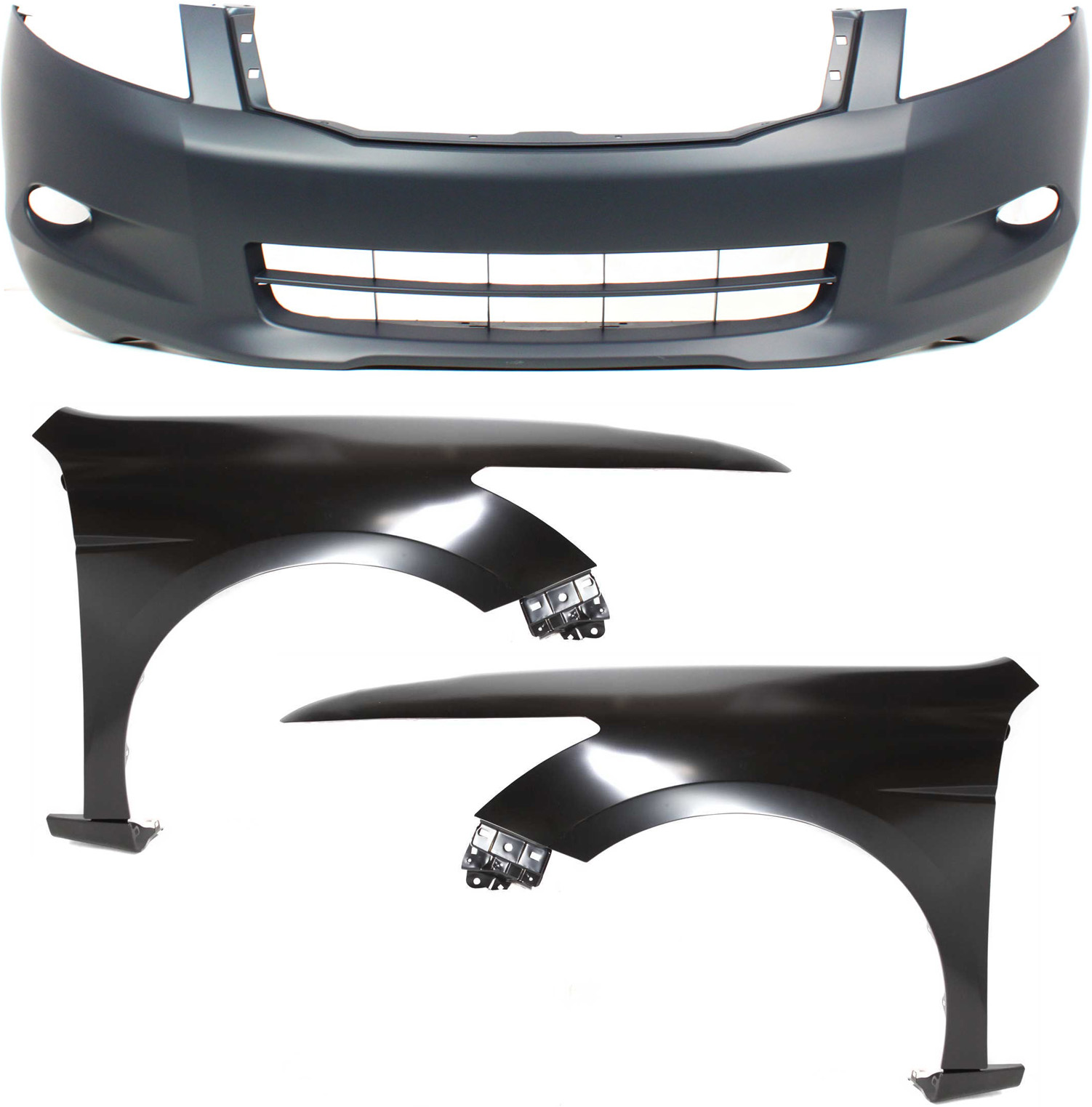 AM ACCORD 08-10 FRONT BUMPER COVER 3 pc Kit Primed Sedan with Fender SKU KIT 110817-97 Partslink HO1000255 HO1240173 HO1241173 OEM 04711TA6A90ZZ 60260TA0A91ZZ 60
