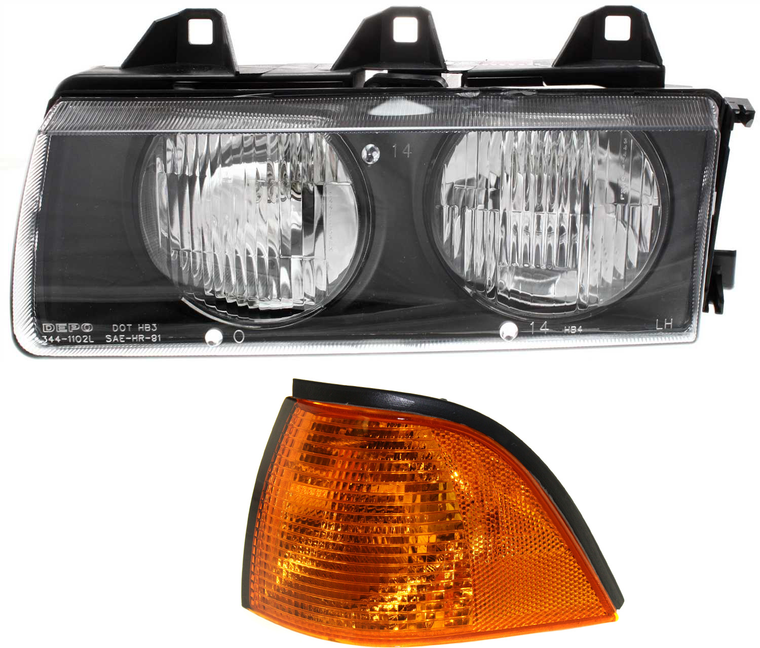 AM 3 SERIES 92-99 HEAD LAMP LH Assembly Halogen 2 pc Kit with Corner Light SKU KIT 110818-04 Partslink BM2502101 BM2520107 OEM 63121387861-63138353283