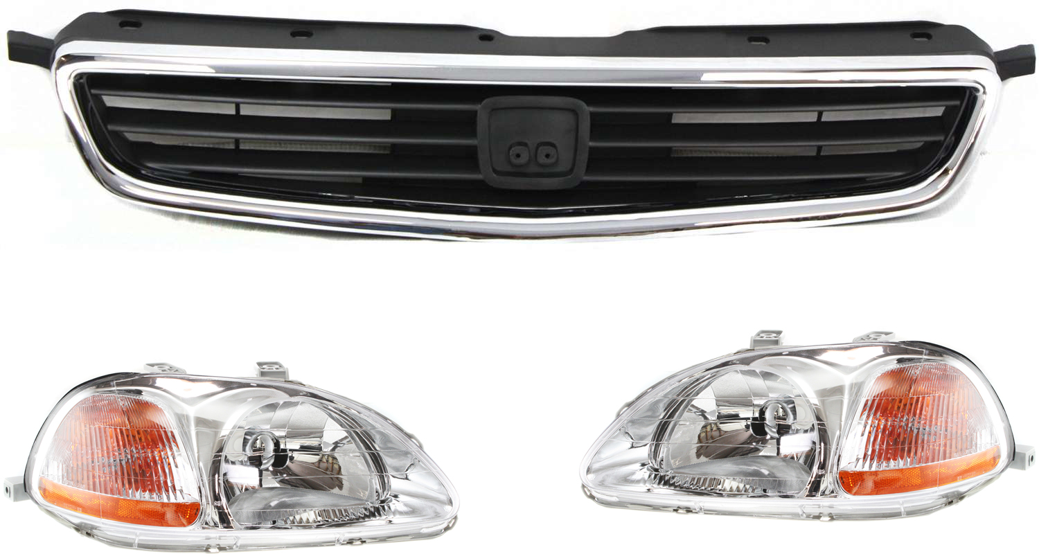 AM CIVIC 96-98 HEAD LAMP RH AND LH Lens and Housing Halogen 3 pc Kit with Grille Assembly SKU KIT 110916-01 Partslink HO2519101 HO2518101 HO1200124 OEM 33101S01305-33101S01A01-33151S