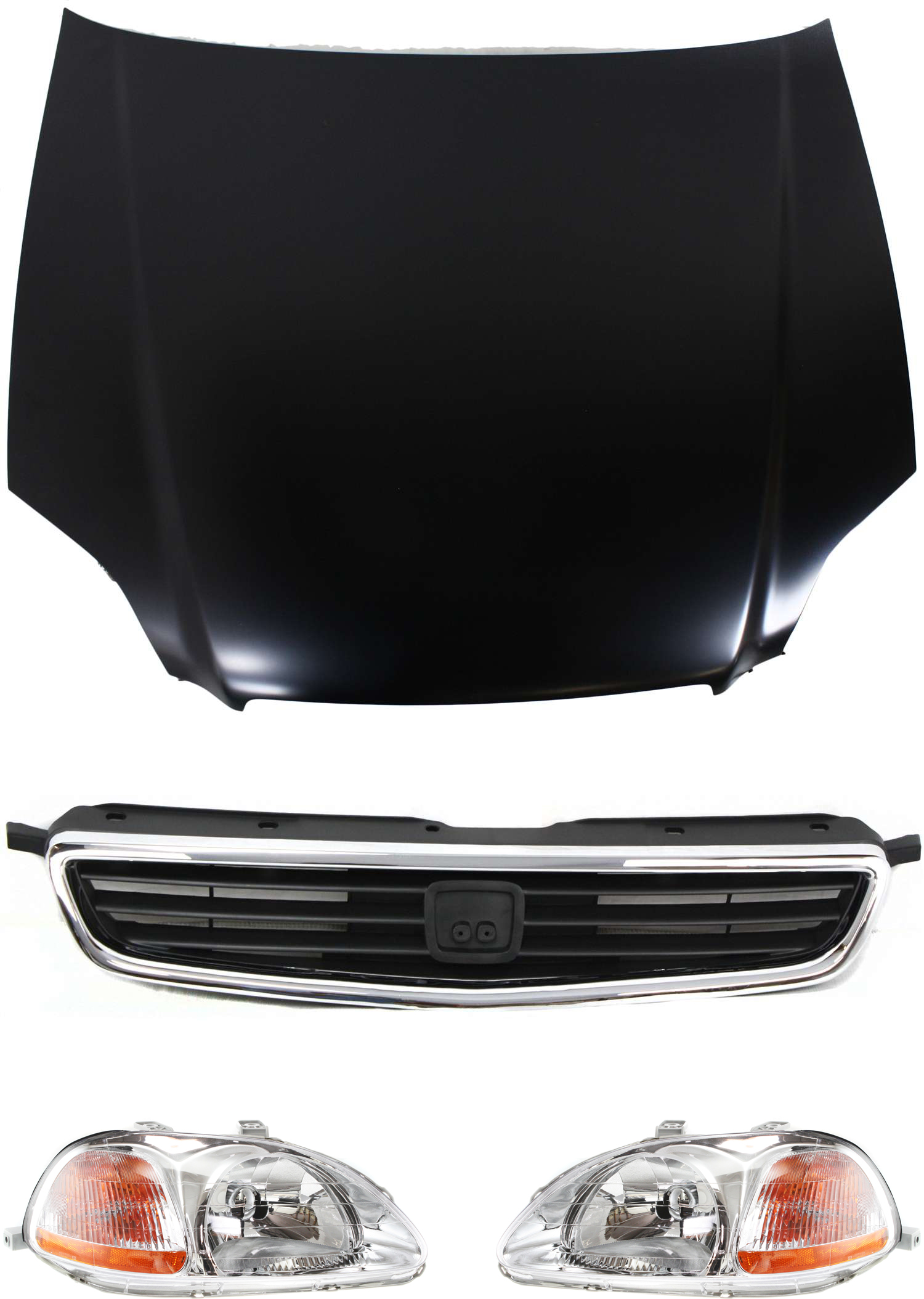 AM CIVIC 96-98 HOOD 4 pc Kit with Grille Assembly and Headlights SKU KIT 110916-02 Partslink HO1230120 HO1200124 HO2518101 HO2519101 OEM 60100S04010ZZ 71121S04000-3315