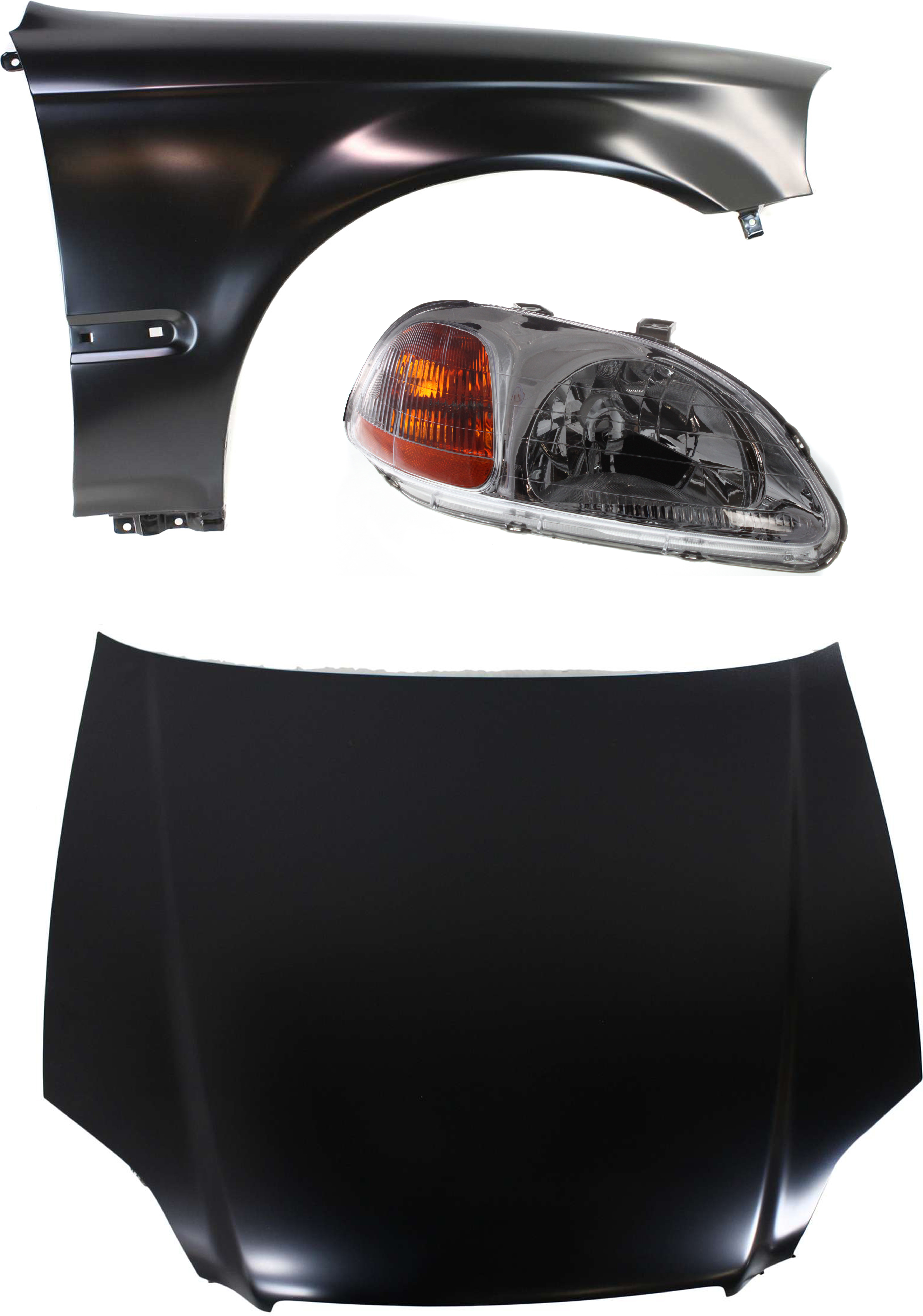 AM CIVIC 96-98 HOOD 3 pc Kit with Fender and Headlight SKU KIT 110916-10 Partslink HO1230120 HO1241143 HO2519101 OEM 60100S04010ZZ 60211S04A00ZZ 33
