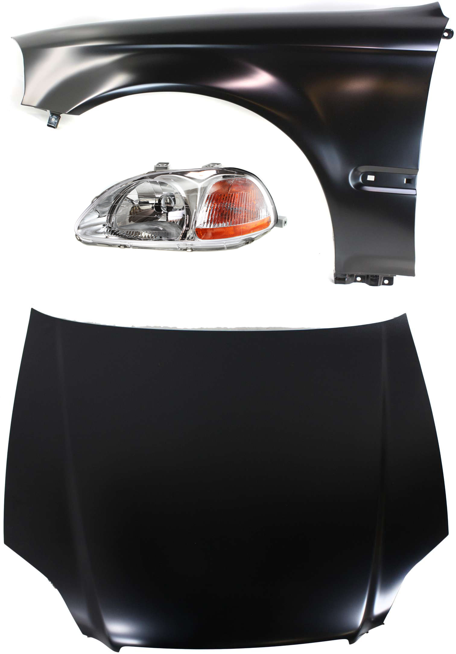AM CIVIC 96-98 HOOD 3 pc Kit with Fender and Headlight SKU KIT 110916-11 Partslink HO1230120 HO1240143 HO2518101 OEM 60100S04010ZZ 60261S04A00ZZ 33