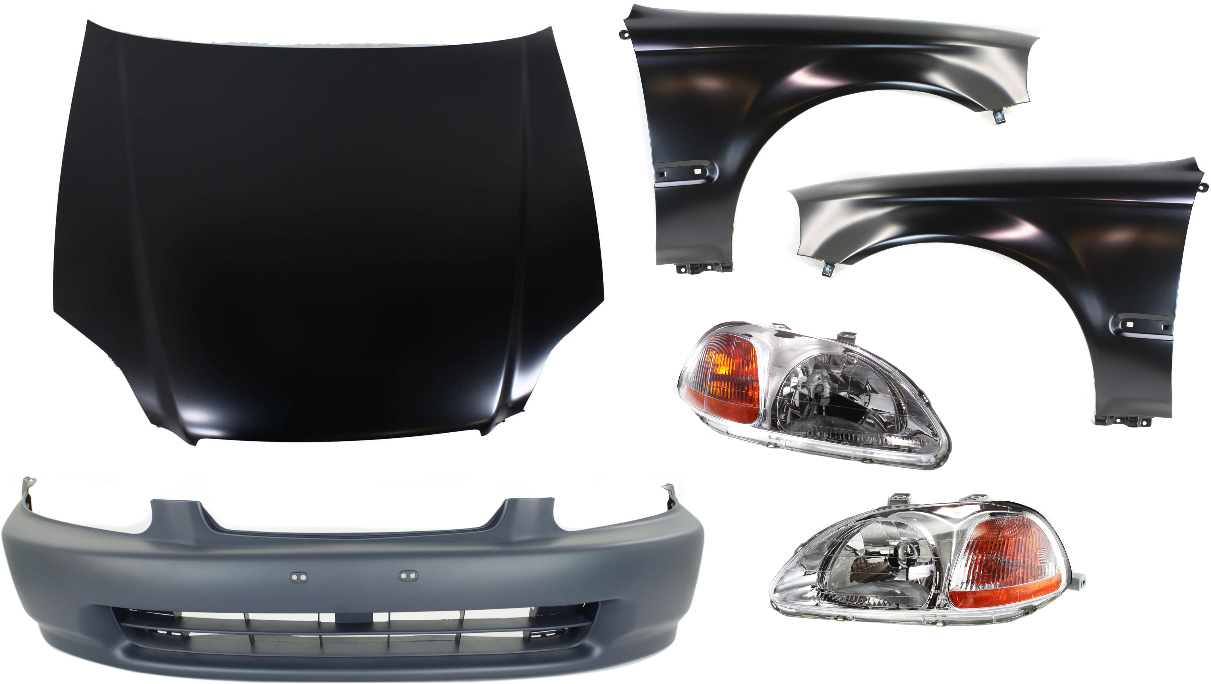 AM CIVIC 96-98 HOOD 6 pc Kit with Bumper Cover Fenders and Headlights SKU KIT 110916-16 Partslink HO1230120 HO1000172 HO1240143 HO1241143 HO2518101 HO2519101 OEM 60100S04010ZZ 04711S01A00ZZ 60