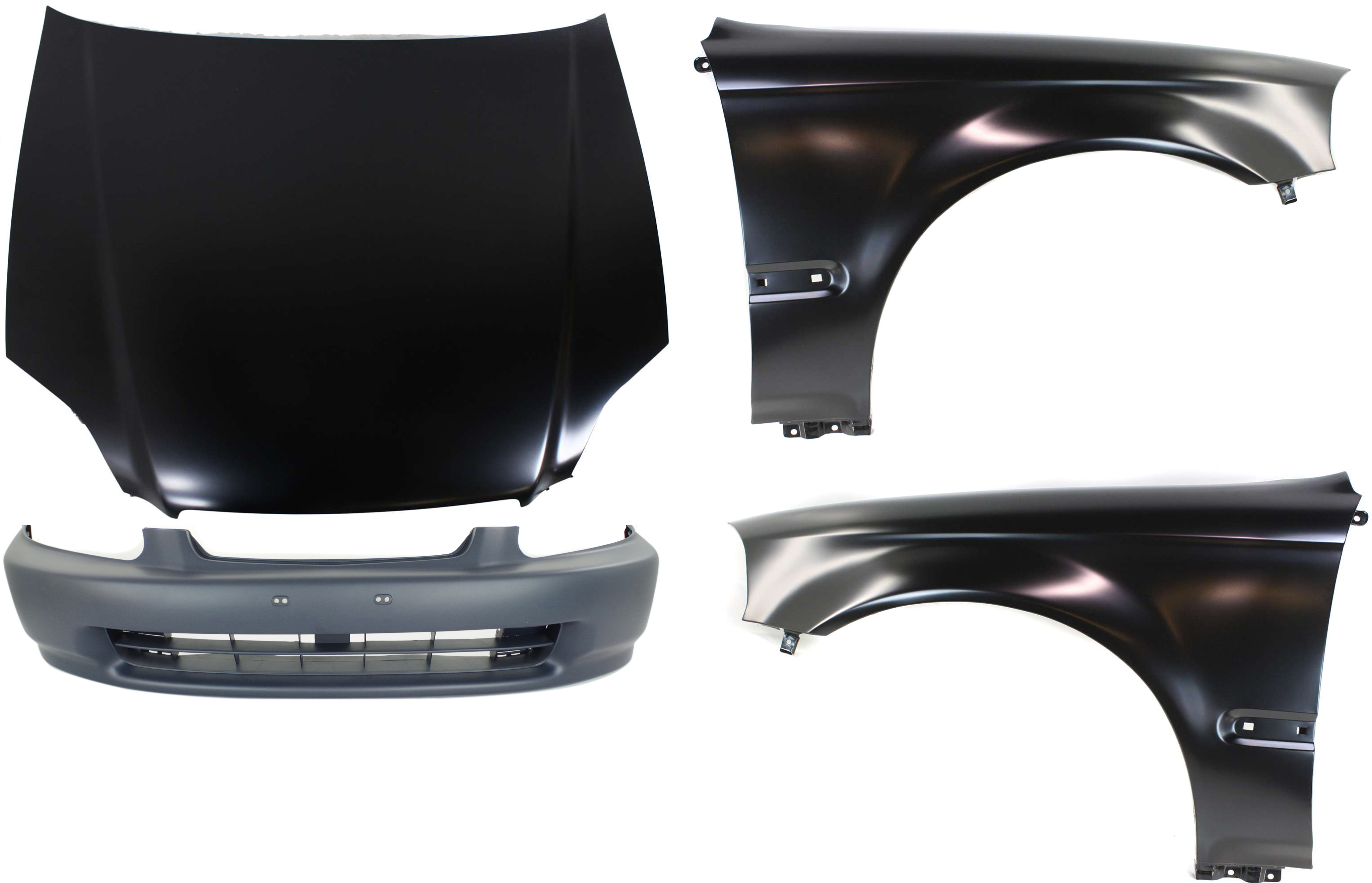 AM CIVIC 96-98 HOOD 4 pc Kit with Bumper Cover and Fenders SKU KIT 110916-17 Partslink HO1230120 HO1000172 HO1240143 HO1241143 OEM 60100S04010ZZ 04711S01A00ZZ 60