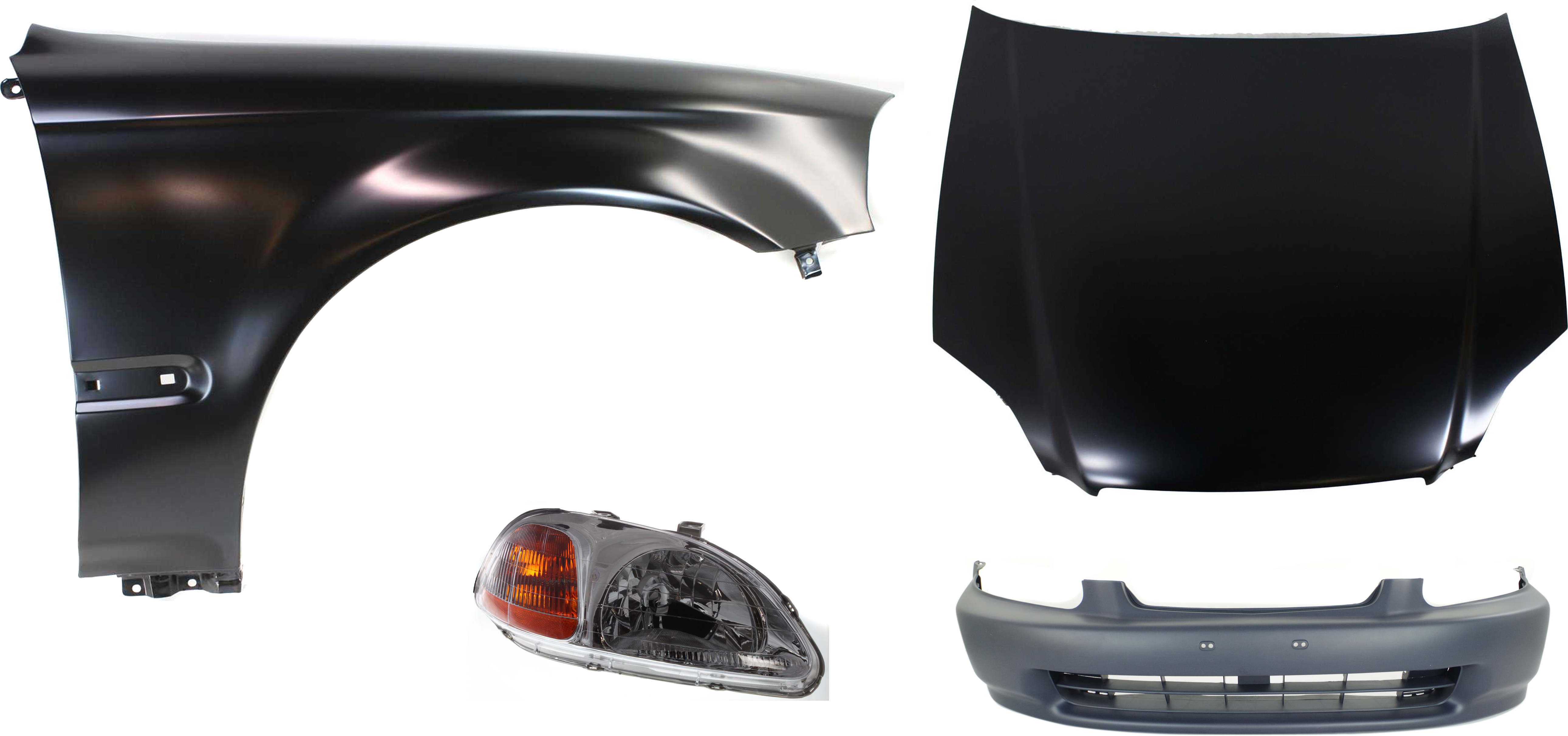 AM CIVIC 96-98 HOOD 4 pc Kit with Bumper Cover Fender and Headlight SKU KIT 110916-18 Partslink HO1230120 HO1000172 HO1241143 HO2519101 OEM 60100S04010ZZ 04711S01A00ZZ 60