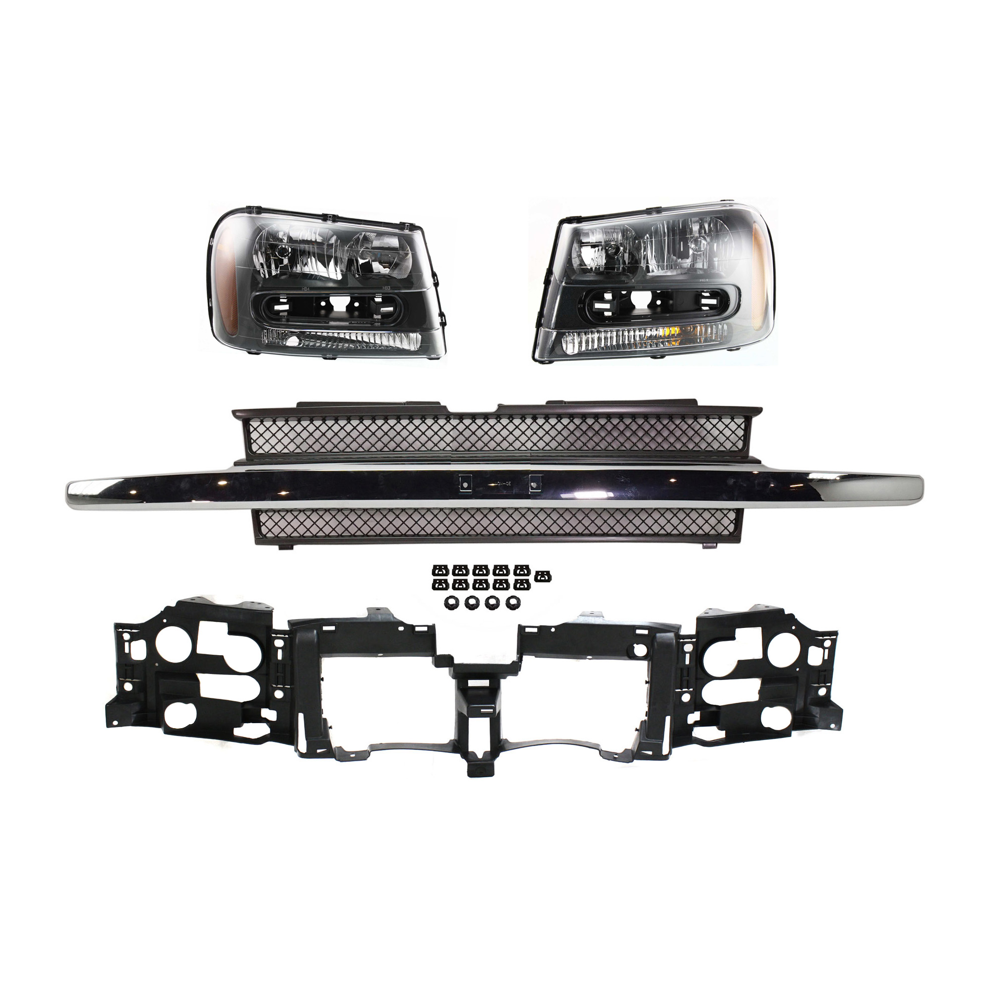AM TRAILBLAZER 02-09 HEAD LAMP RH AND LH with Bulbs 4 pc Kit with Grille Assembly and Header Panel SKU KIT 110916-25 Partslink GM2502213 GM2503213 GM1200477 GM1221125 OEM 25970914-25970915-10358128-158