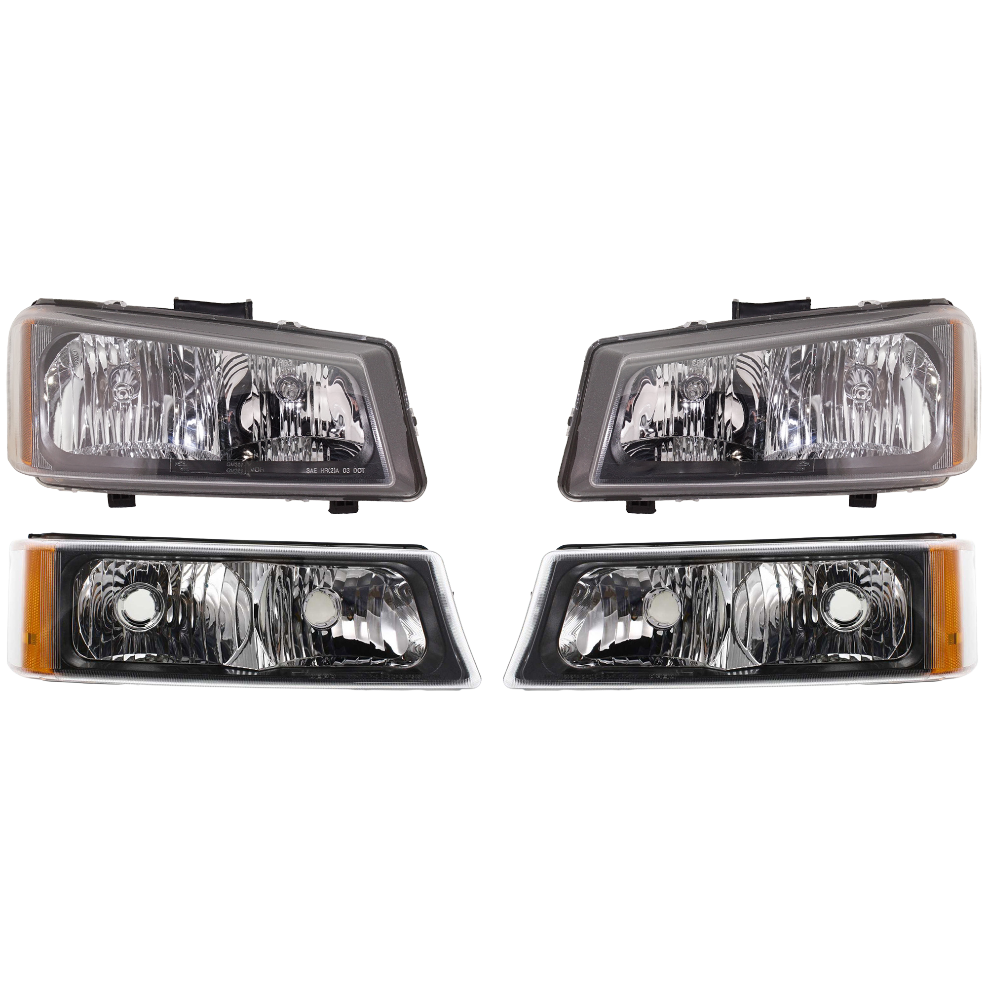 AM SILVERADO 03-07 HEAD LAMP RH AND LH Assembly Halogen 4 pc Kit with Turn Signal Lights SKU KIT 110916-28 Partslink GM2503224 GM2502224 GM2520185 GM2521185 OEM 10396912 PFM 10396913 PFM 1519