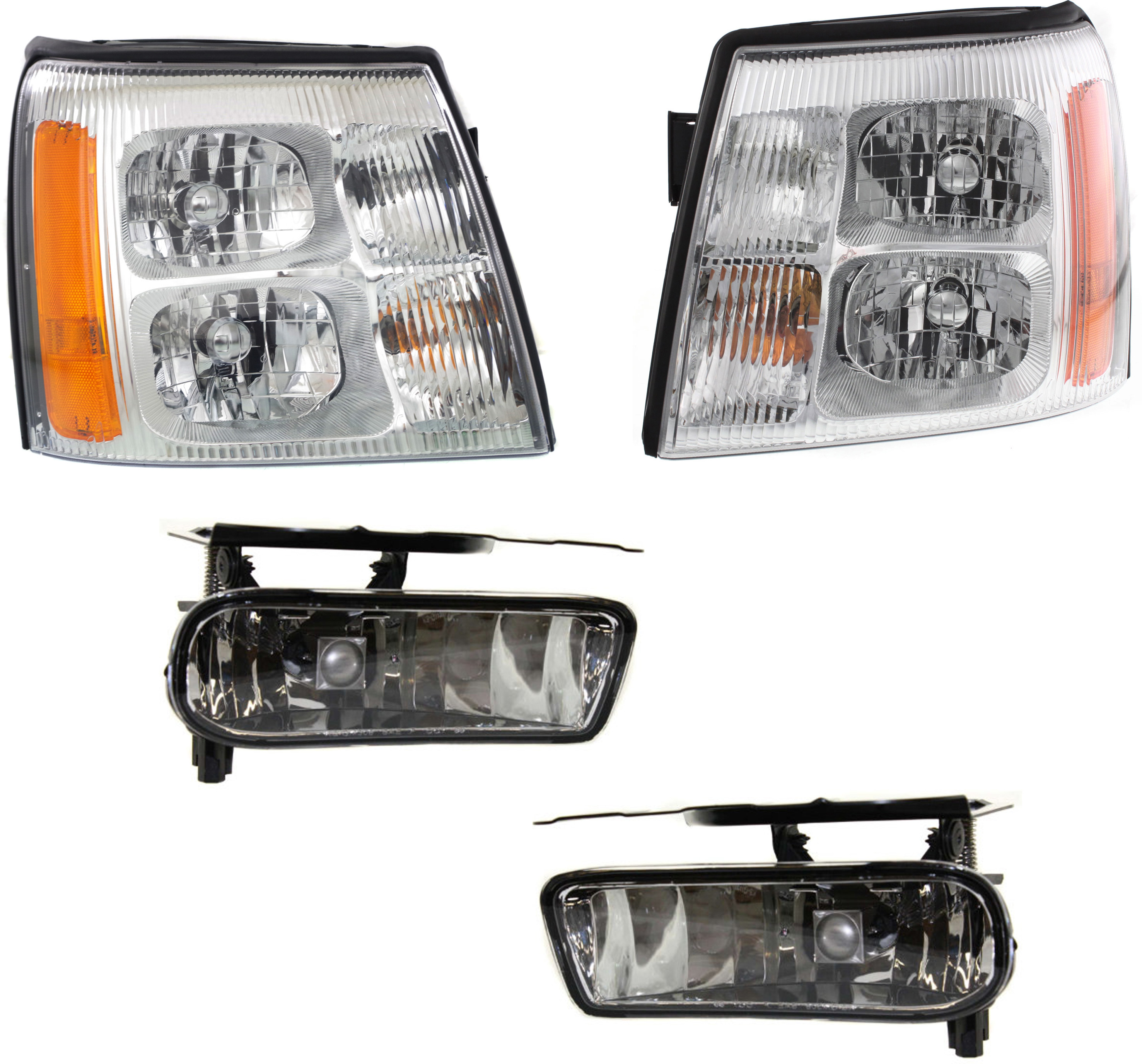AM ESCALADE ESCALADE EXT 02-02 HEAD LAMP RH AND LH Assembly Halogen 4 pc Kit with Fog Lights SKU KIT 110916-29 Partslink GM2503232 GM2502232 GM2592138 GM2593138 OEM 15181850-15181851-15252038-152