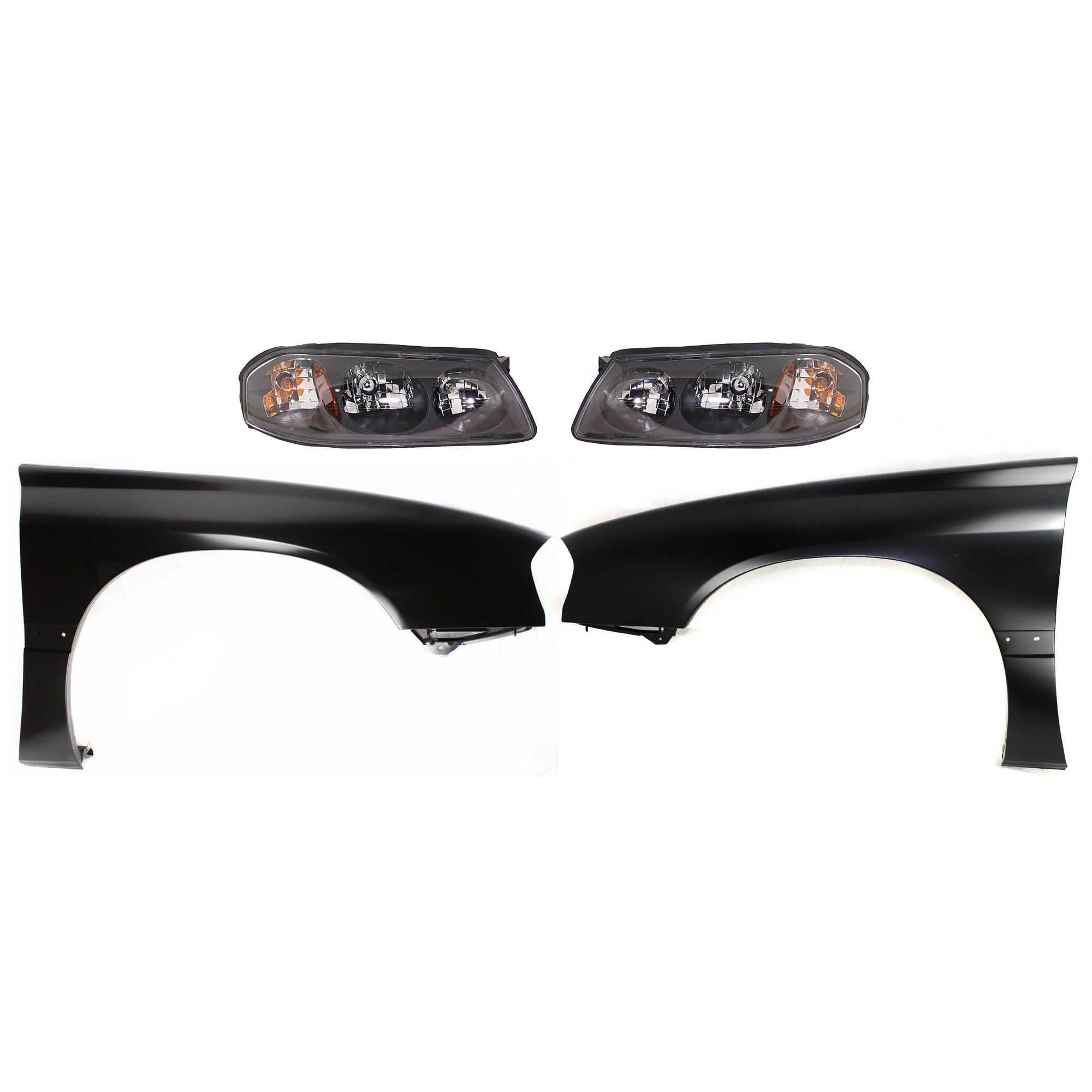 AM IMPALA 00-04 HEAD LAMP RH AND LH Assembly Halogen 4 pc Kit with Fenders SKU KIT 110916-31 Partslink GM2502201 GM2503201 GM1240273 GM1241273 OEM 10349961-10349962-89025179-890