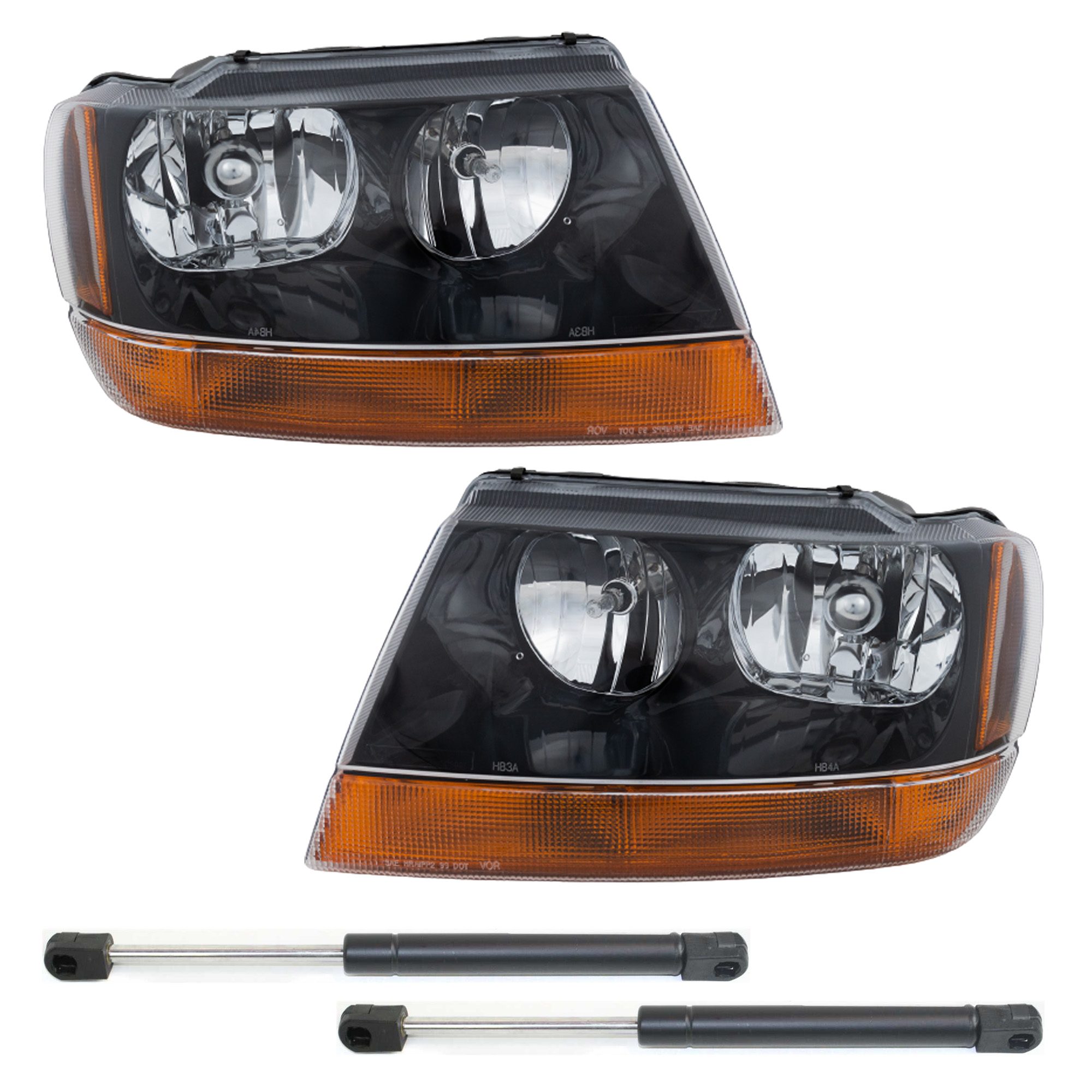 AM GRAND CHEROKEE 99-04 HEAD LAMP RH AND LH Assembly Halogen 4 pc kit with Lift Supports SKU KIT 110916-34 Partslink CH1237102 CH2502121 CH2503121 OEM 5103400AA 5103401AA 55136764AA