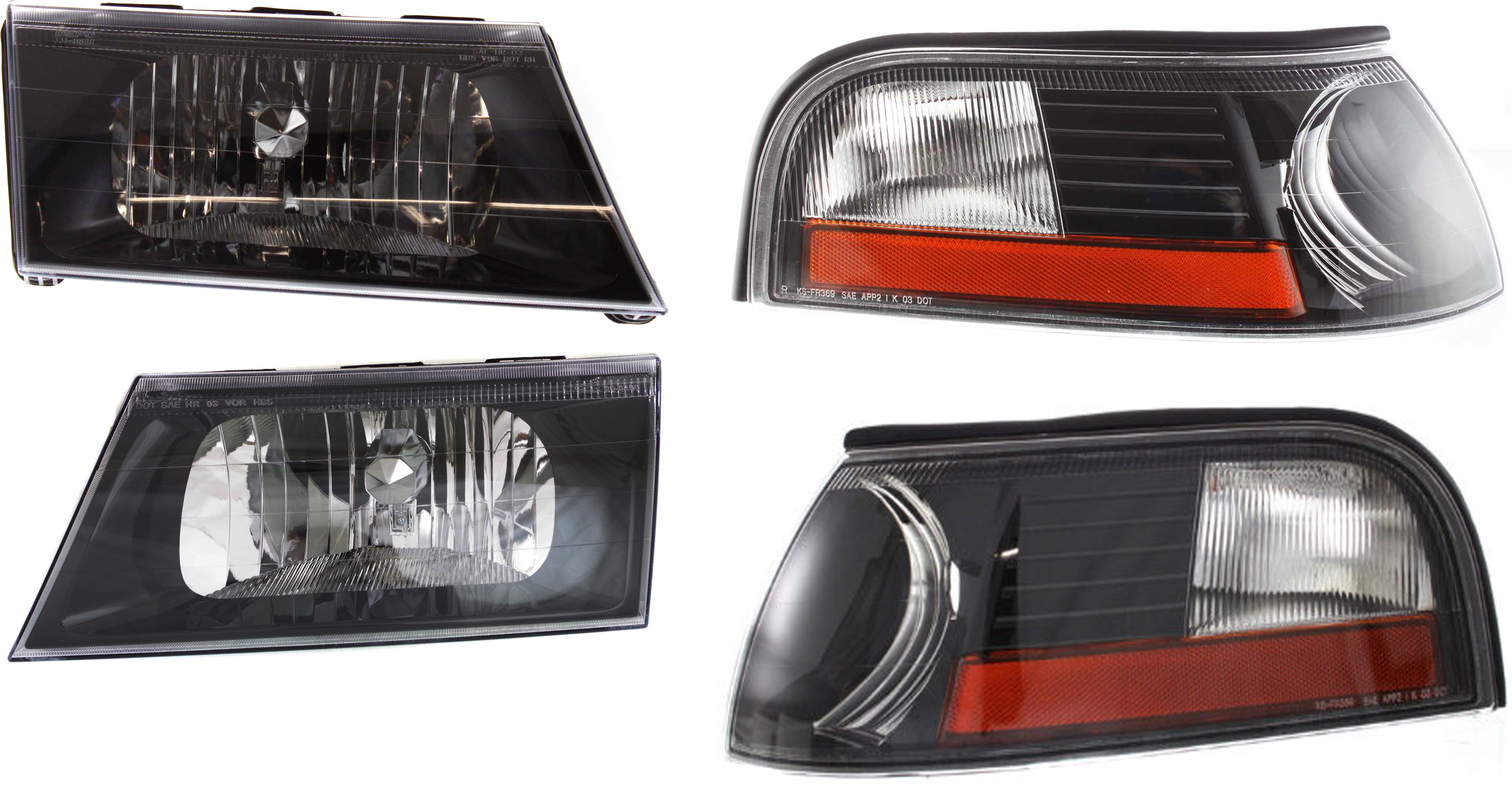 AM MARAUDER 03-04 HEAD LAMP RH AND LH with Bulbs 4 pc Kit with Corner Lights SKU KIT 110916-36 Partslink FO2521172 FO2520172 OEM 3W3Z13008CA PFM 3W3Z13008DA PF