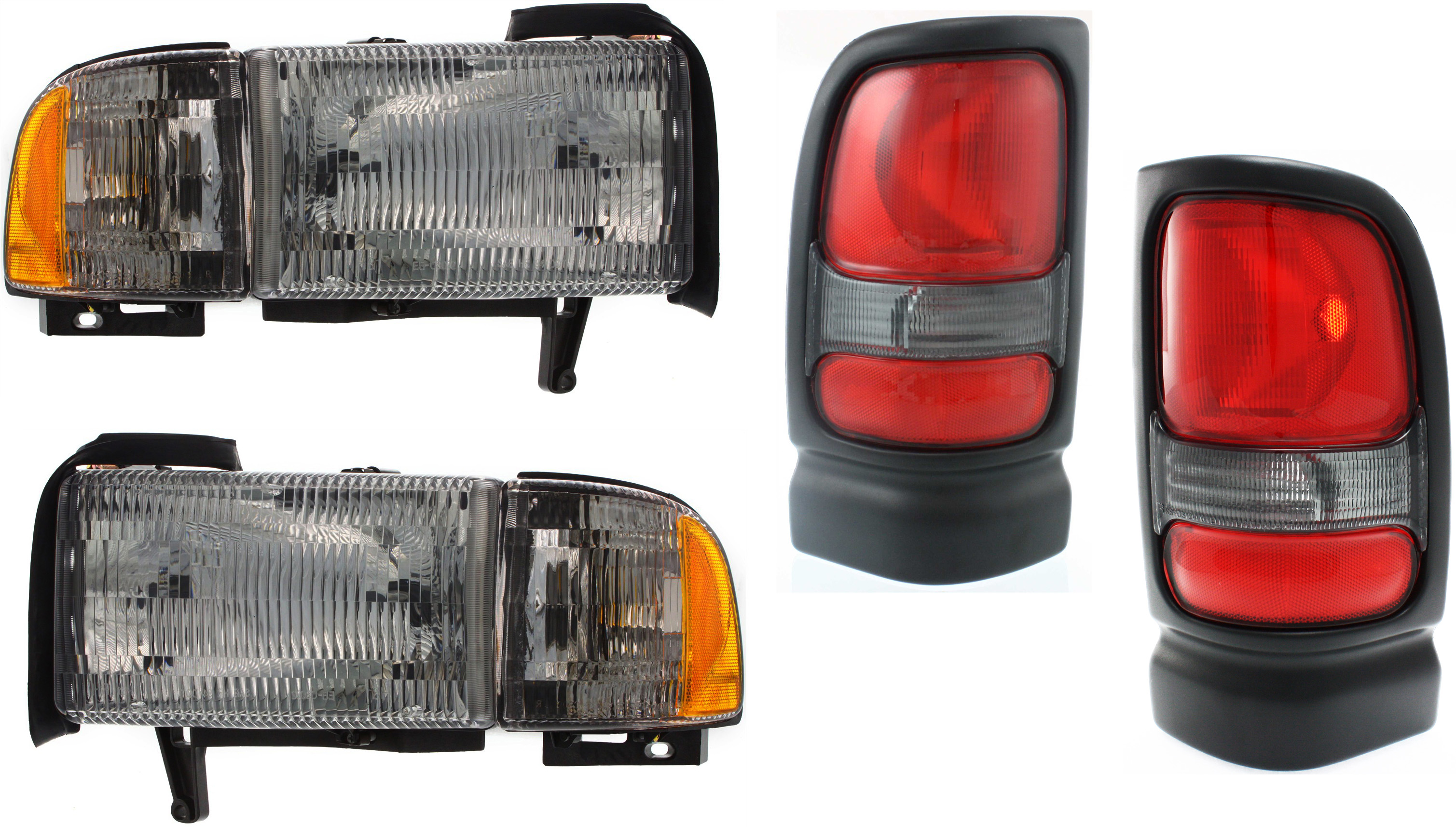 AM DODGE FULL SIZE P U 94-02 HEAD LAMP RH AND LH with Bulbs 4 pc Kit with Tail Lights SKU KIT 110916-39 Partslink CH2503101 CH2502101 CH2801122 CH2800122 OEM 55076748AD 55076748AO 55076749