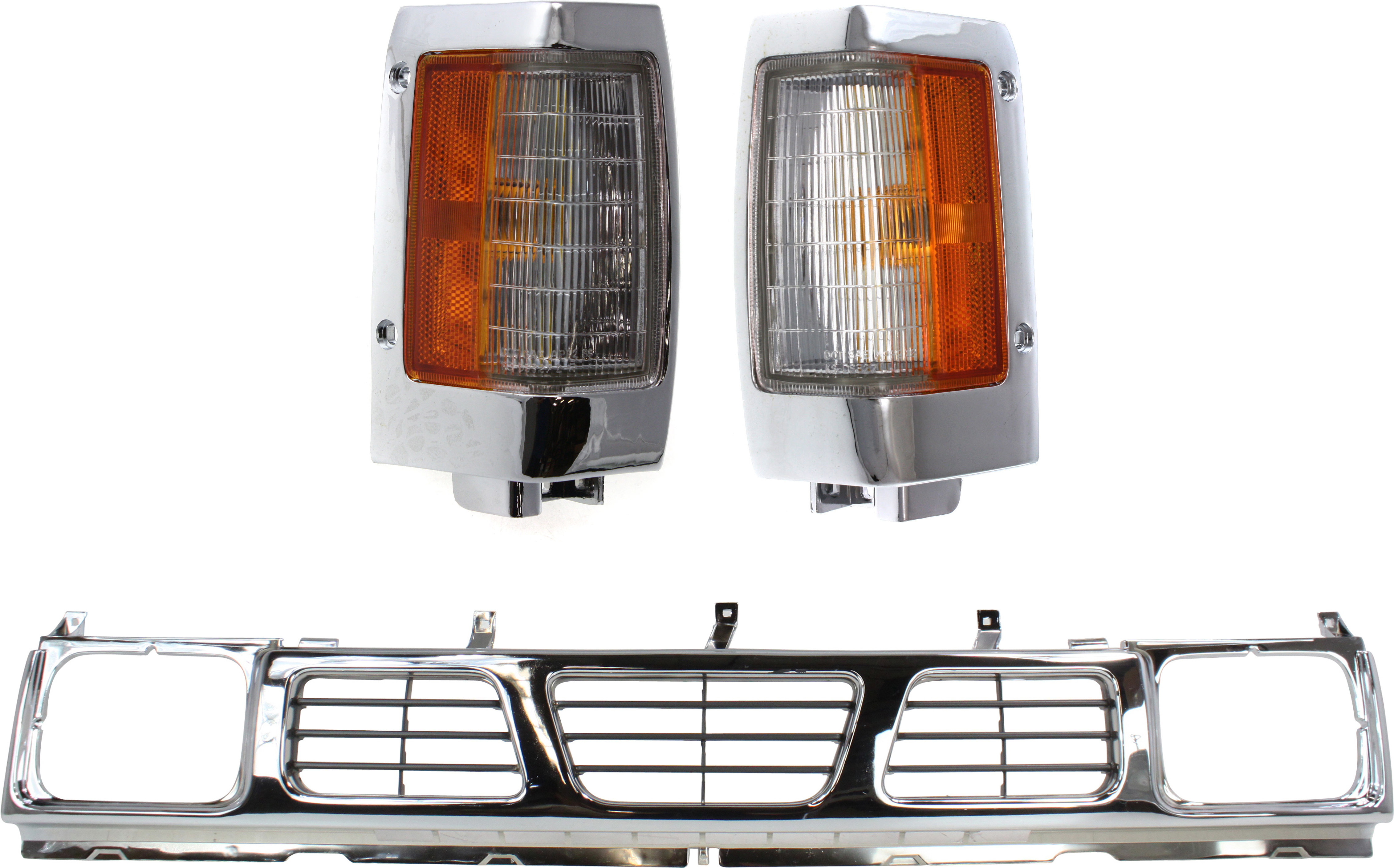 AM D21-93-94 PICKUP 95-97 GRILLE 3 pc Kit with Corner Lights SKU KIT 110916-41 Partslink NI1200116 NI2550107 NI2551107 OEM 6231055G10 B611588G00 B611088G