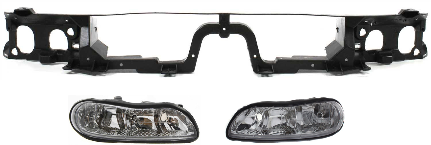 AM MALIBU 97-03 CLASSIC 04-05 HEAD LAMP RH AND LH Assembly Halogen 3 pc Kit with Header Panel SKU KIT 110916-54 Partslink GM2502154 GM2503154 GM1221113 OEM 22618781-22618782-22609040