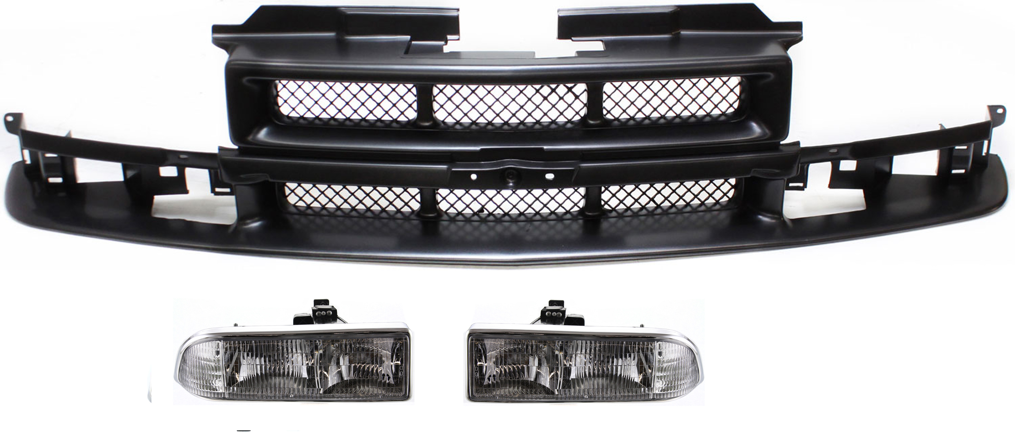 AM BLAZER 98-05 S10-98-04 HEAD LAMP RH AND LH Assembly Halogen 3 pc Kit with Grille Assembly SKU KIT 110916-63 Partslink GM2503172 GM2502172 GM1200418 OEM 16526218-16526217-12472710