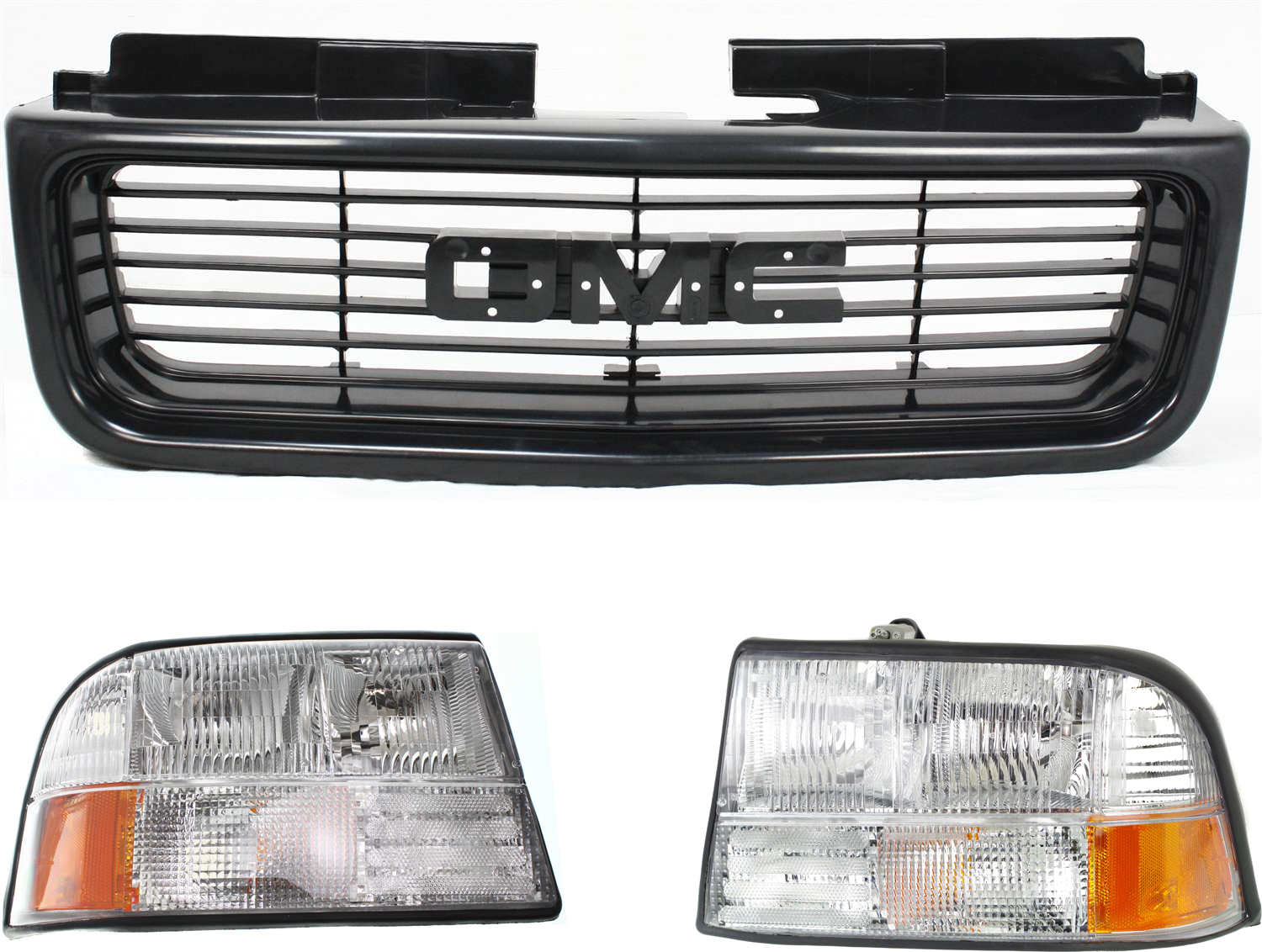 AM JIMMY 98-05 SONOMA 98-04 HEAD LAMP RH AND LH Assembly Halogen 3 pc Kit with Grille Assembly SKU KIT 110916-64 Partslink GM2503174 GM2502174 GM1200436 OEM 16526228-16526227-12472678