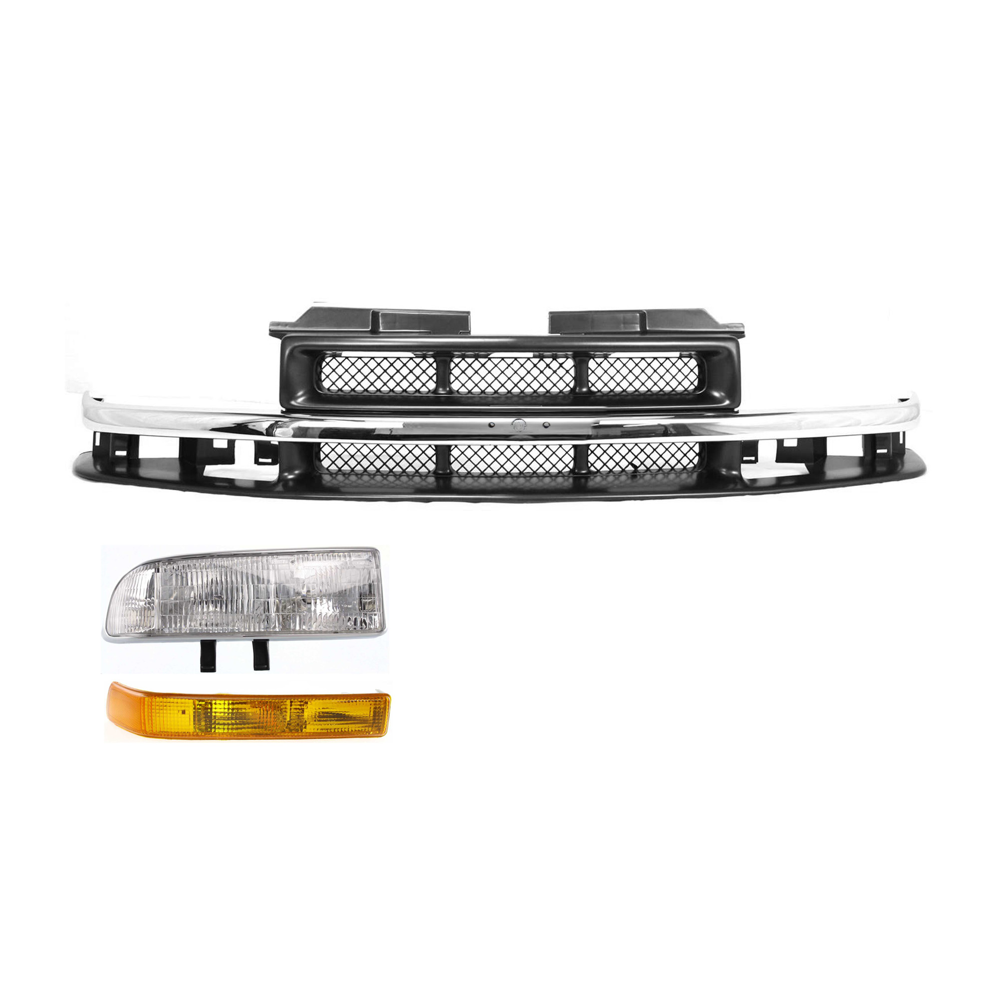 AM BLAZER S10-98-04 GRILLE 3 pc Kit with Headlight and Turn Signal Light SKU KIT 110916-67 Partslink GM1200419 GM2503172 GM2521162 OEM 15048519-15098268 PFM 16526218