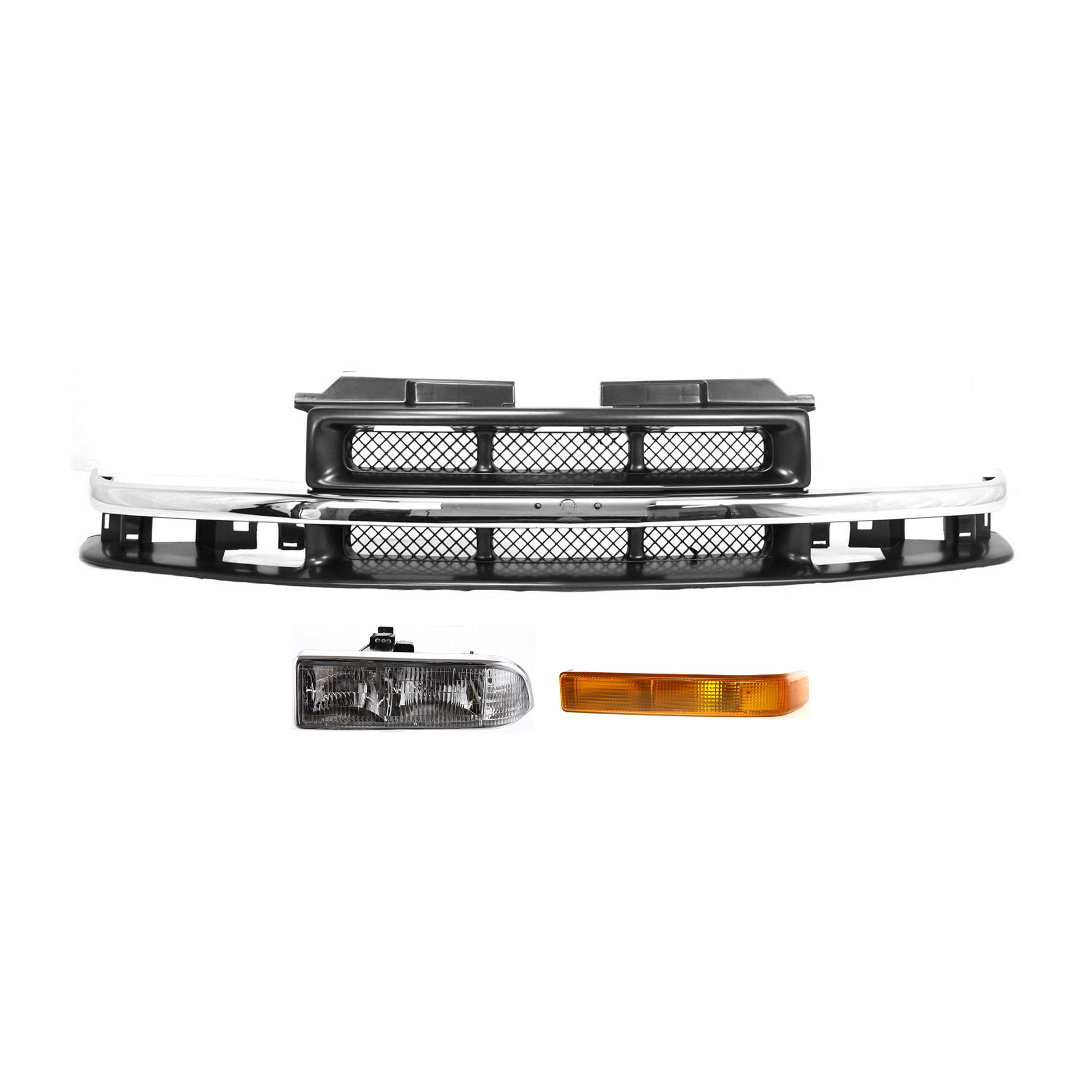 AM BLAZER S10-98-04 GRILLE 3 pc Kit with Headlight and Turn Signal Light SKU KIT 110916-68 Partslink GM1200419 GM2502172 GM2520162 OEM 15048519-15098267 PFM 16526217