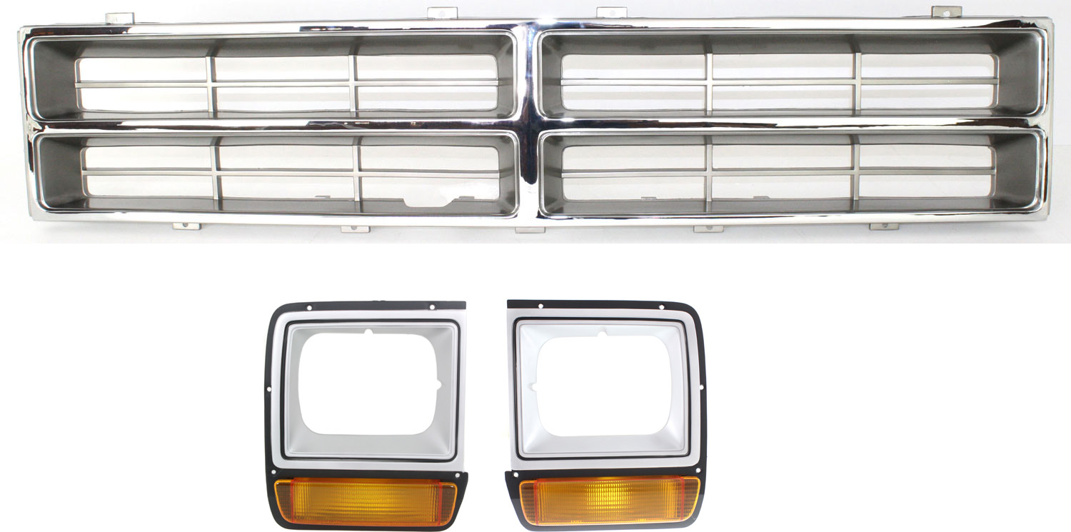 AM DODGE FULL SIZE P U 86-90 GRILLE 3 pc Kit with Headlight Doors SKU KIT 110916-76 Partslink CH1200103 CH2512122 CH2513122 OEM 4249802-4249811-4249810