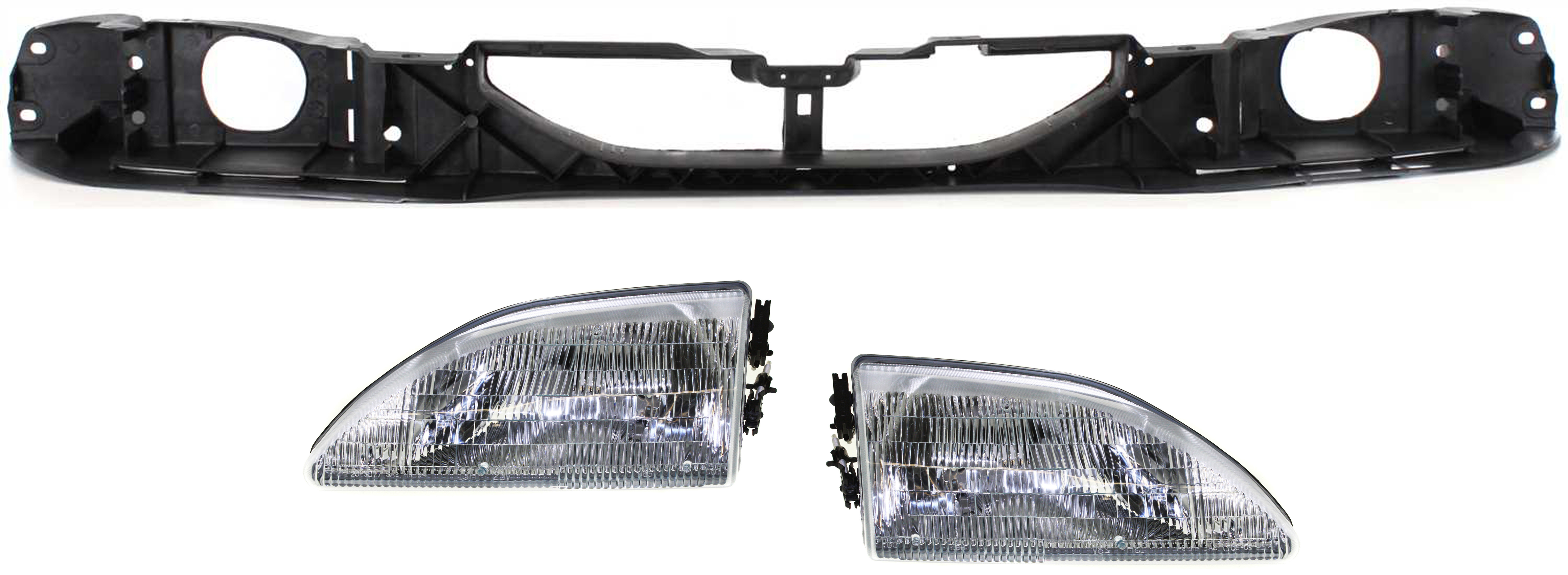 AM MUSTANG 94-98 HEAD LAMP RH AND LH Assembly Halogen 3 pc Kit with Header Panel SKU KIT 110916-77 Partslink FO2502130 FO2503130 FO1221104 OEM F4ZZ13008E F4ZZ13008F F7ZZ8A28