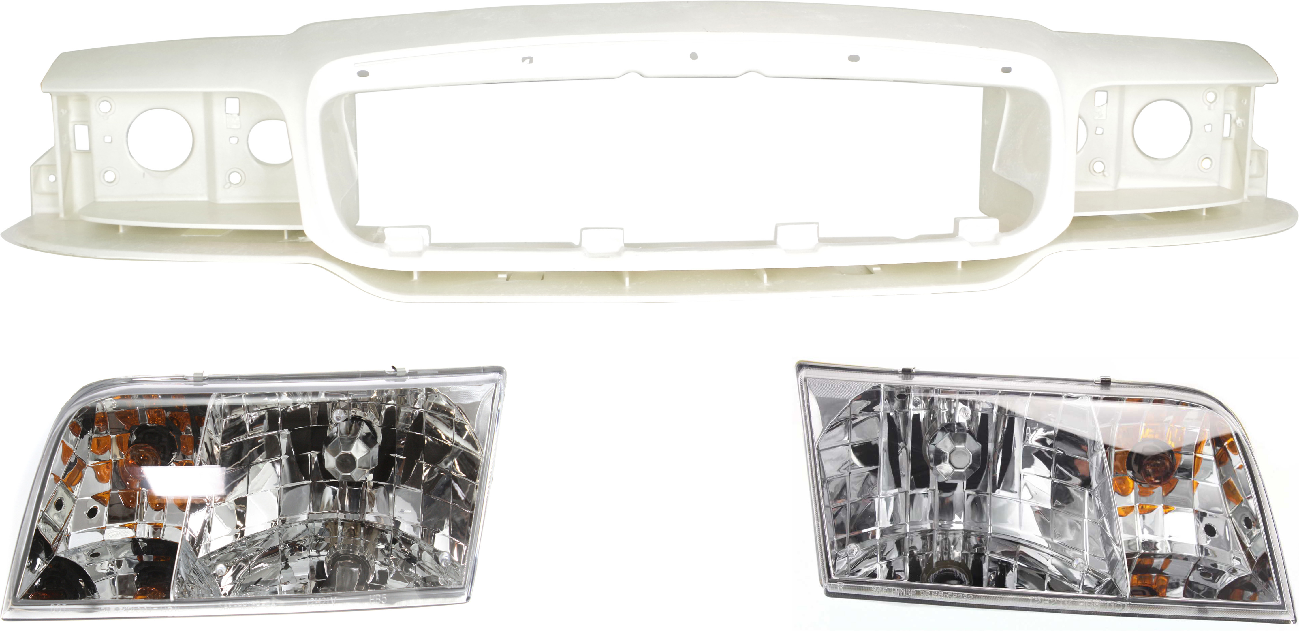 AM CROWN VICTORIA 98-11 HEADER PANEL 3 pc Kit with Headlights SKU KIT 110916-78 Partslink FO1220209 FO2502200 FO2503200 OEM 6W7Z8190A 4W7Z13008A 4W7Z13008