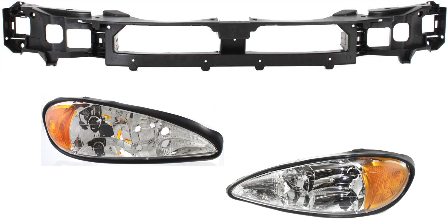 AM GRAND AM 99-05 HEAD LAMP RH AND LH Assembly Halogen 3 pc Kit with Header Panel SKU KIT 110916-80 Partslink GM2502196 GM2503196 GM1220165 OEM 22672207-22672208-22619076
