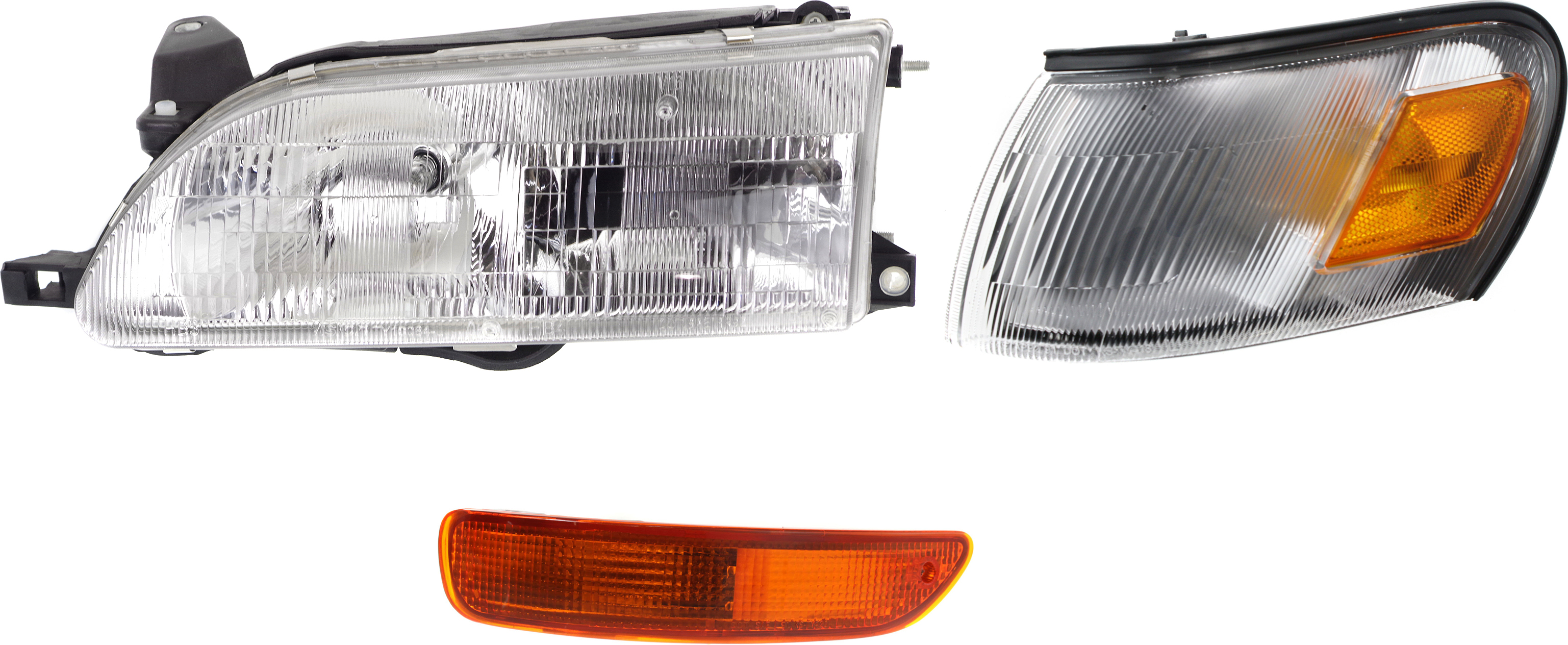 AM COROLLA 93-97 HEAD LAMP LH Assembly Halogen 3 pc Kit with Corner Light and Turn Signal Light SKU KIT 110916-89 Partslink TO2502107 TO2550106 TO2530103 OEM 811501A491-8162012600-81520127