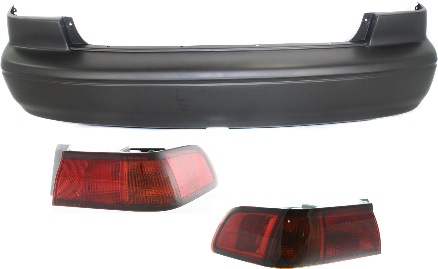 AM CAMRY 97-99 TAIL LAMP RH AND LH Outer Assembly 3 pc Kit with Bumper Cover SKU KIT 110916-91 Partslink TO2801124 TO2800124 TO1100181 OEM 81551AA010-81561AA010-52159AA9