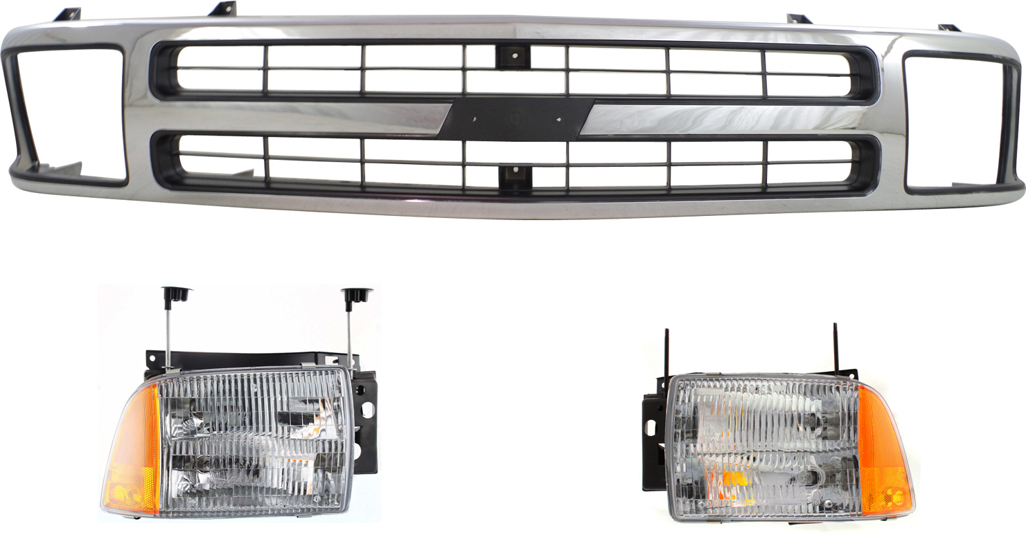 AM BLAZER 95-97 GRILLE 3 pc Kit with Headlights SKU KIT 110916-92 Partslink GM1200383 GM2502156 GM2503156 OEM 15672329-16525161-16525162