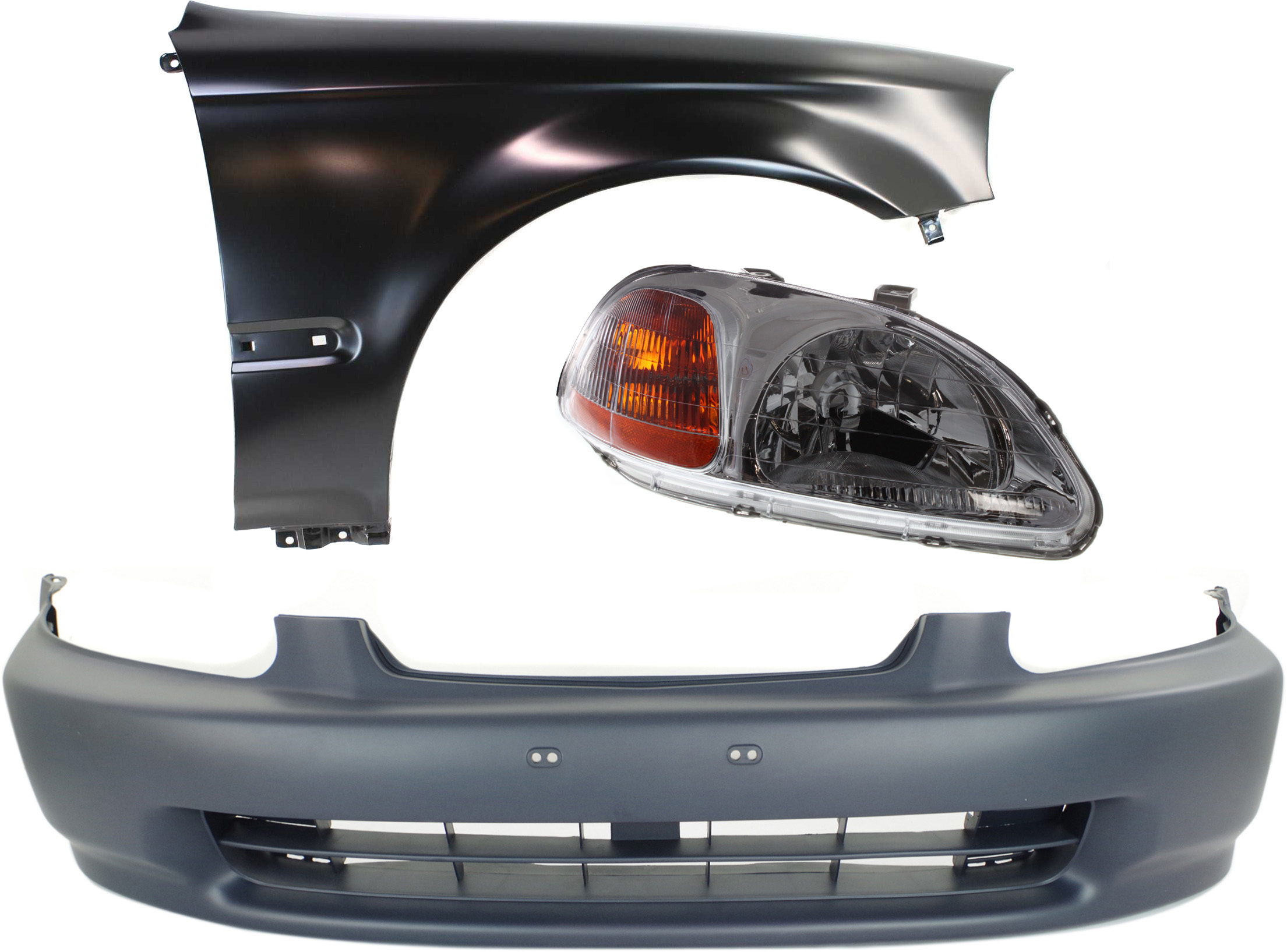 AM CIVIC 96-98 FRONT BUMPER COVER 3 pc Kit with Fender and Headlight SKU KIT 110916-93 Partslink HO1000172 HO1241143 HO2519101 OEM 04711S01A00ZZ 60211S04A00ZZ 33