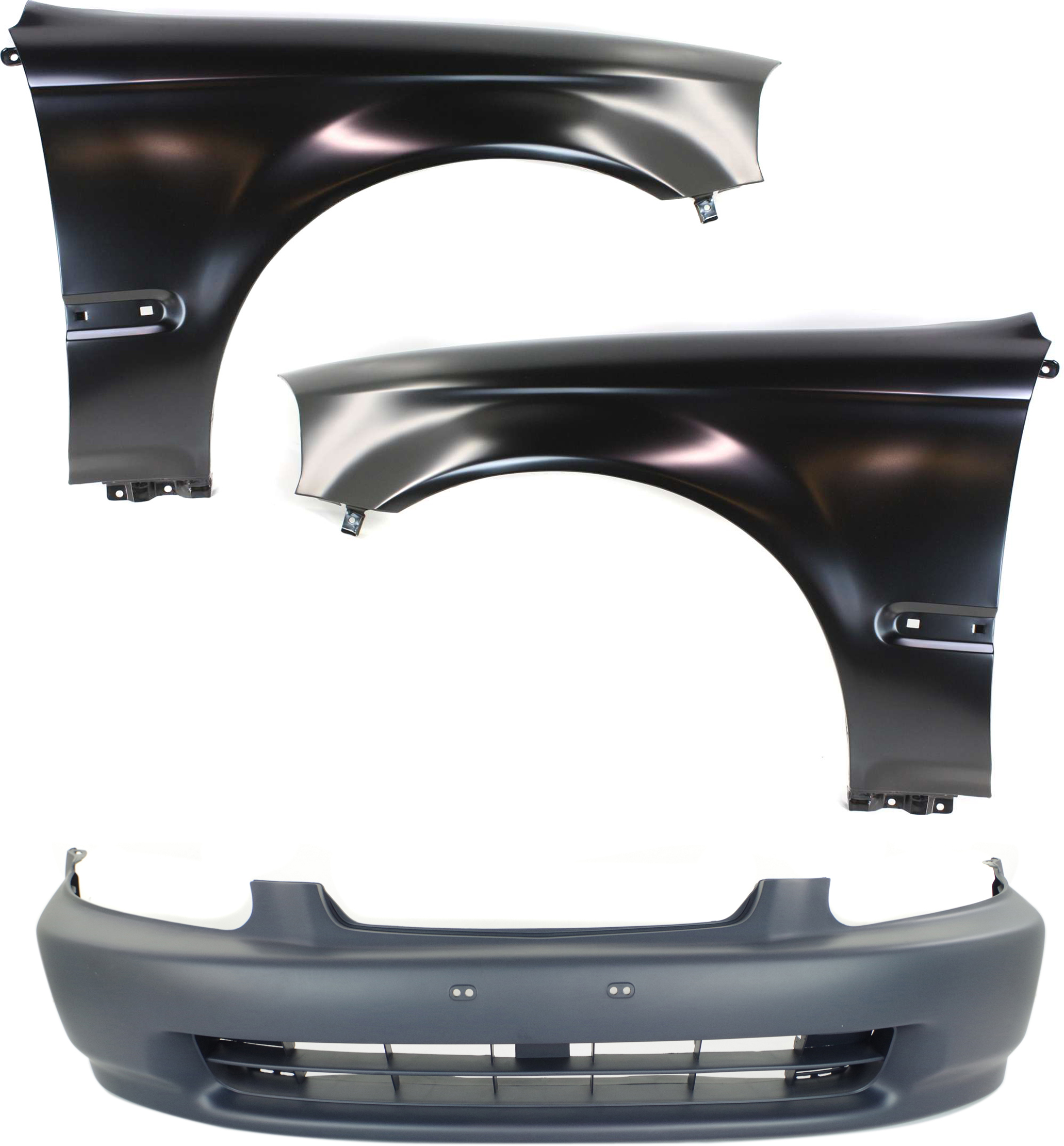 AM CIVIC 96-98 FRONT BUMPER COVER 3 pc Kit with Fenders SKU KIT 110916-94 Partslink HO1000172 HO1240143 HO1241143 OEM 04711S01A00ZZ 60261S04A00ZZ 60
